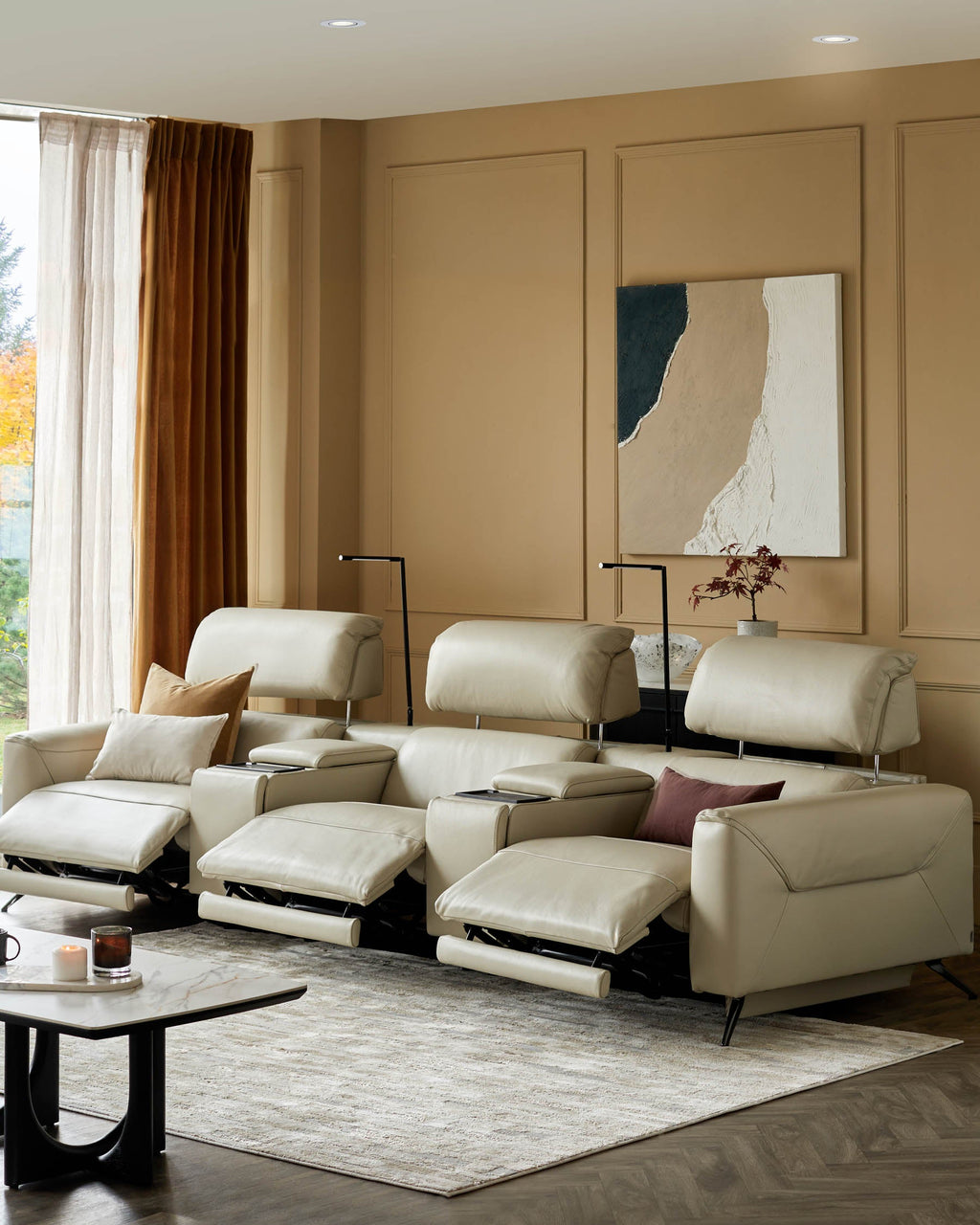 Canapé 3 places inclinable Kenzie en cuir gris naturel avec console