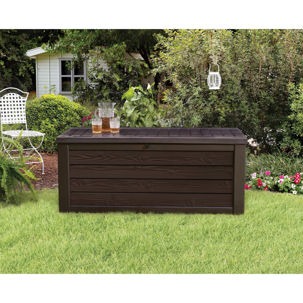 Coffre de rangement extérieur Keter Westwood en résine durable, grand format, 150 gallons, pour meubles et fournitures, marron