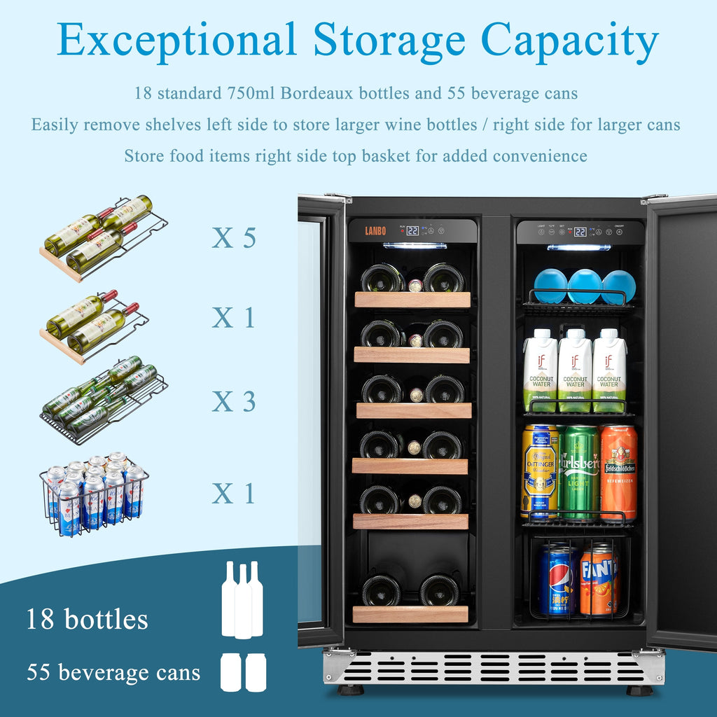 Réfrigérateur Lanbo 24 pouces à double zone, 18 bouteilles de vin et 55 canettes de boissons, en acier inoxydable et verre, avec porte française