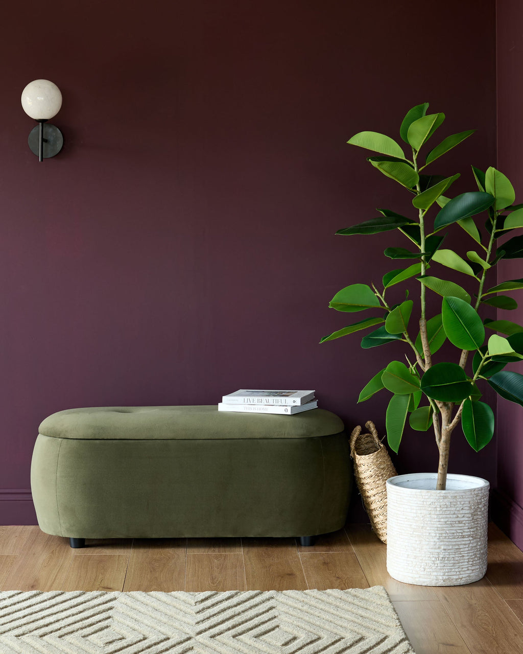 Banc coffre pouf Lani en velours vert olive