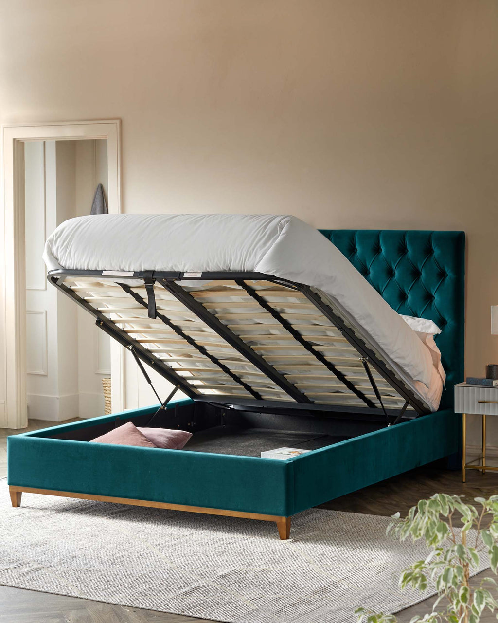 Lit coffre coffre Libby en velours turquoise, taille super king