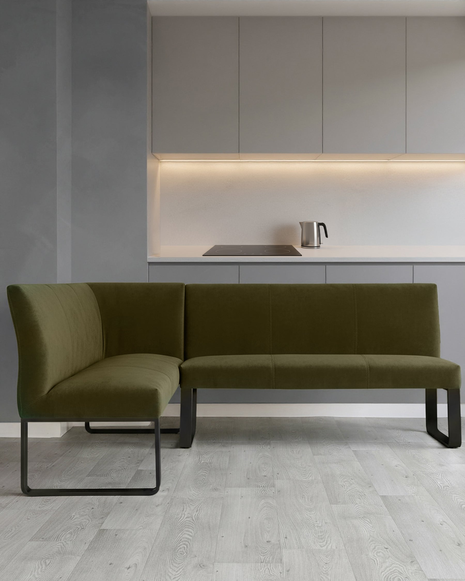 Banc de salle à manger d'angle droit 5 places en velours vert olive et métal noir.