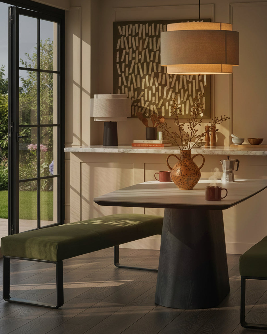 Banc de salle à manger 3 places en velours vert olive Loop, structure en métal noir, sans dossier