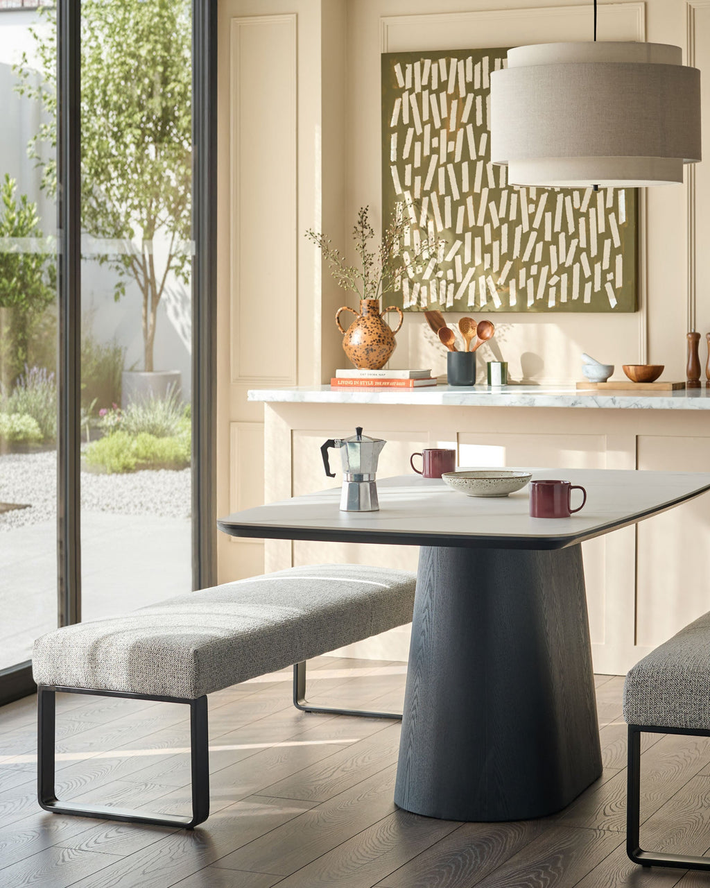 Banc de salle à manger 3 places en tissu gris Loop et métal noir, sans dossier