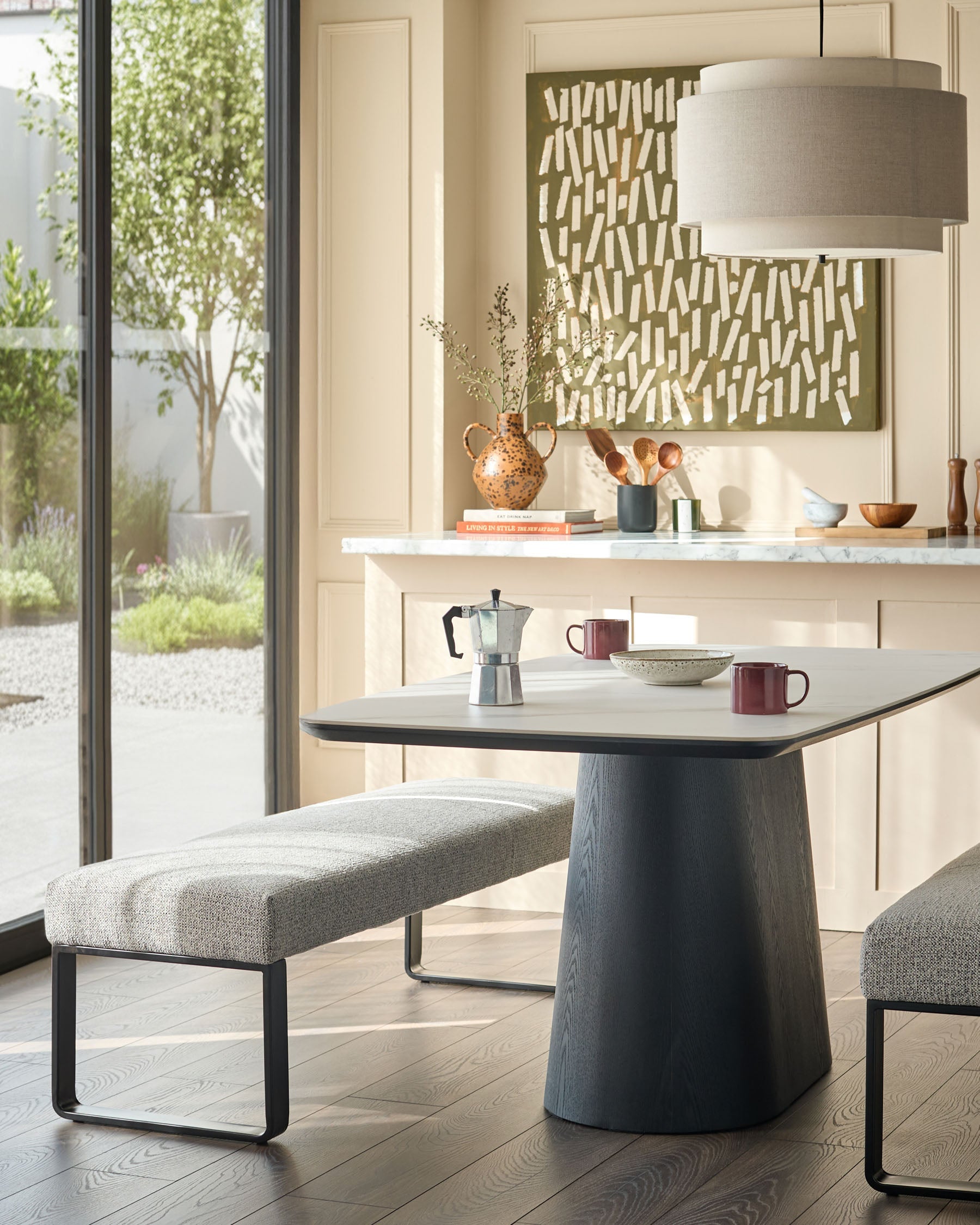 Banc de salle à manger 3 places en tissu gris Loop et métal noir, sans dossier