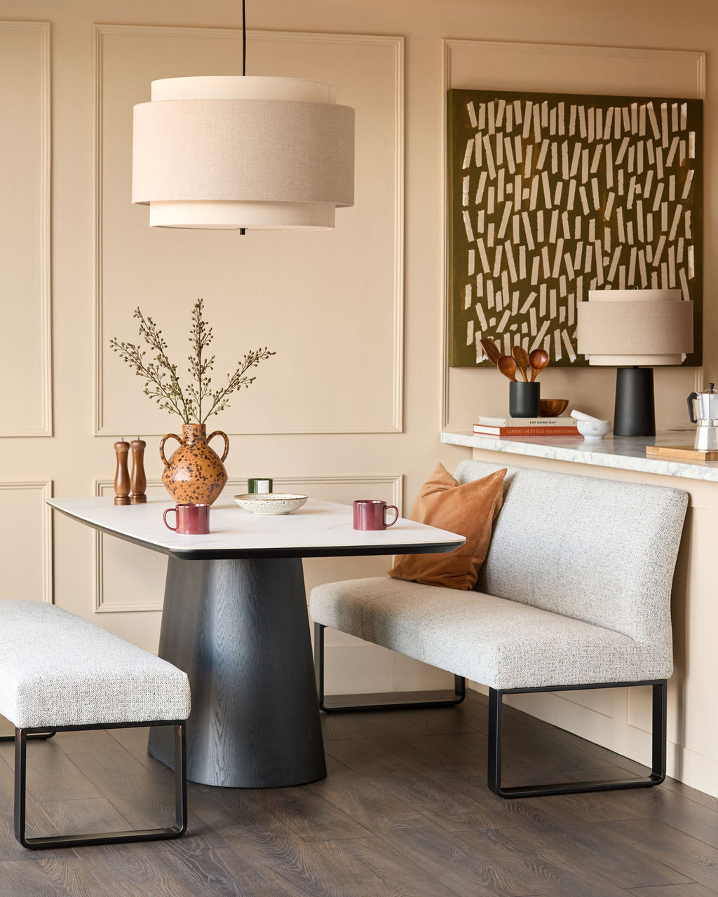 Banc de salle à manger 3 places en tissu gris Loop et métal noir, sans dossier