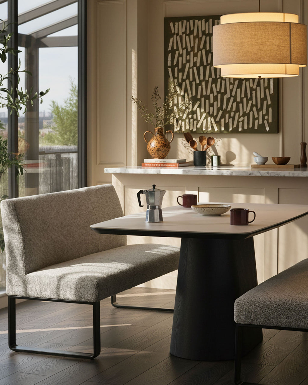 Banc de salle à manger 3 places en tissu gris Loop et métal noir avec dossier