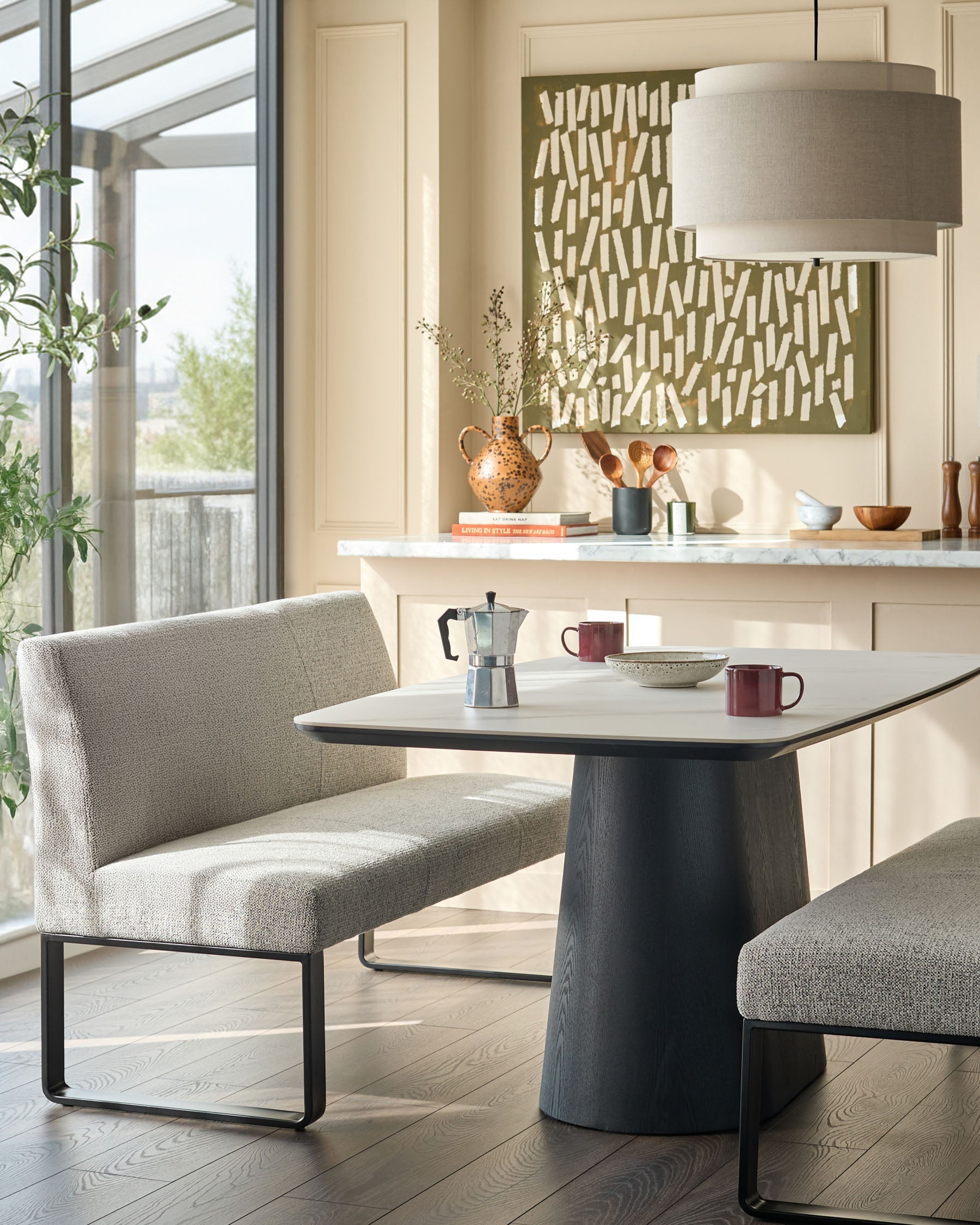 Banc de salle à manger 3 places en tissu gris Loop et métal noir avec dossier