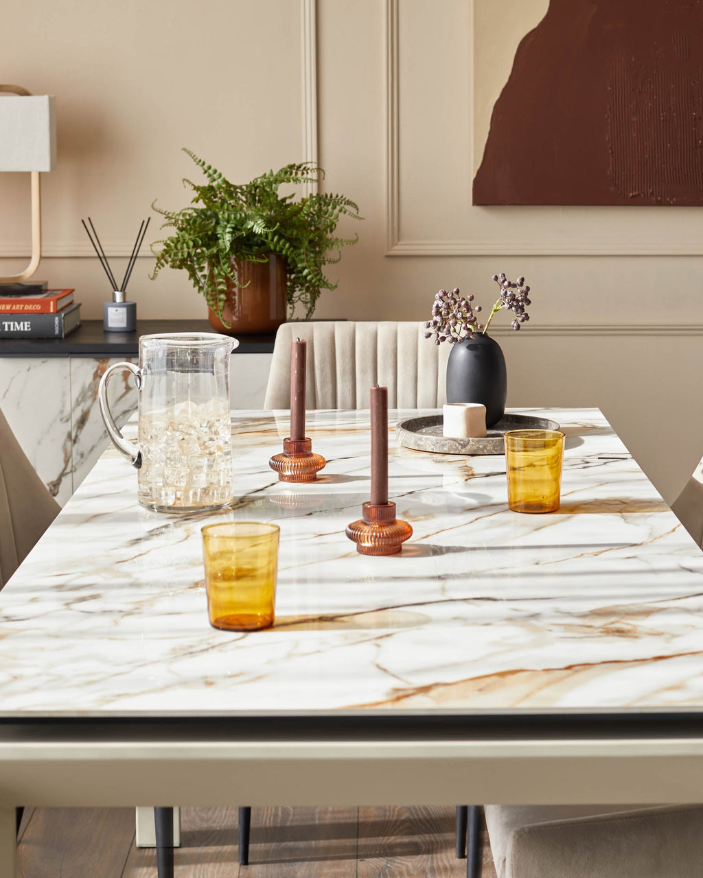 Table de salle à manger extensible Louis en céramique naturelle, 6 à 8 places