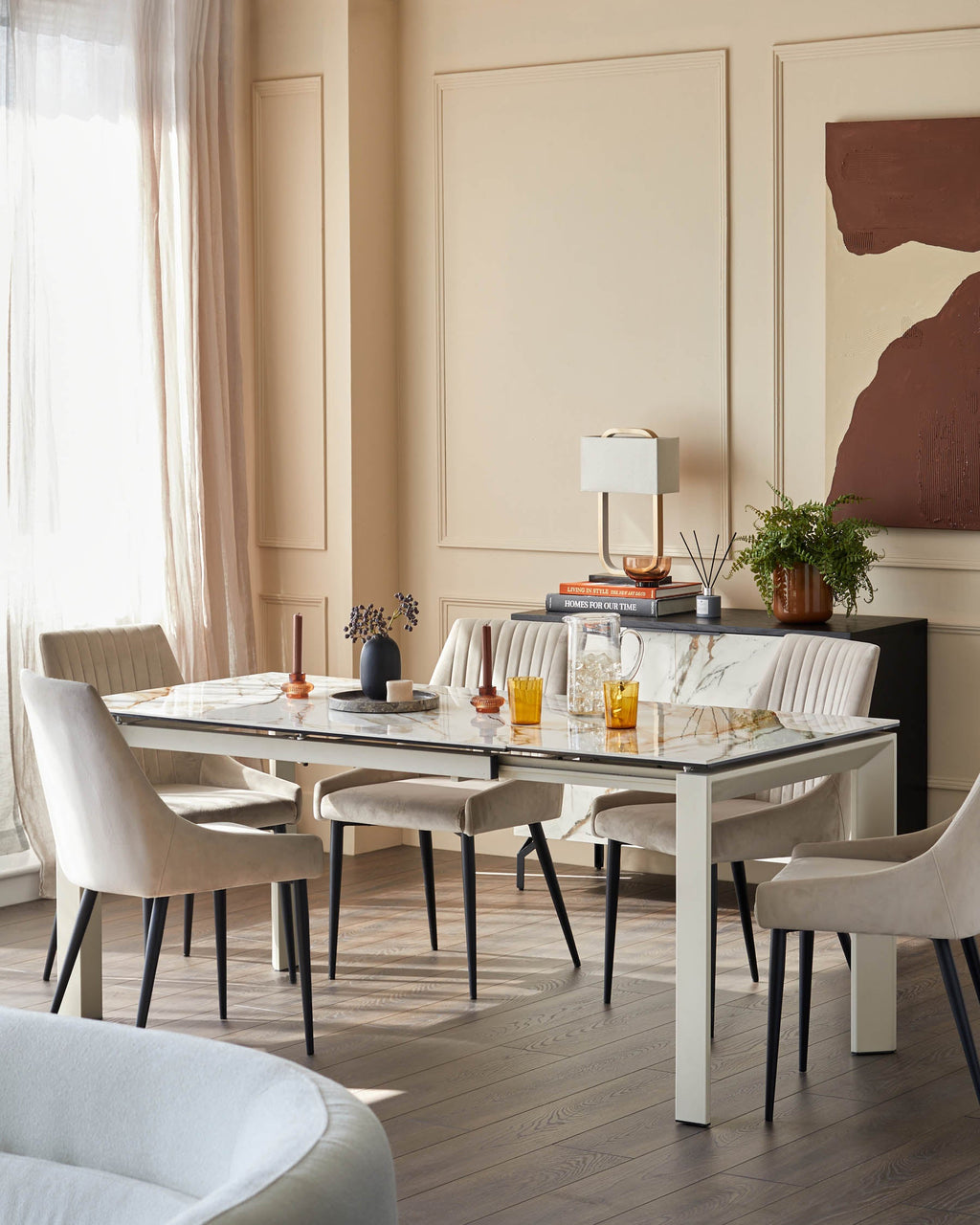 Table de salle à manger extensible Louis en céramique naturelle, 6 à 8 places