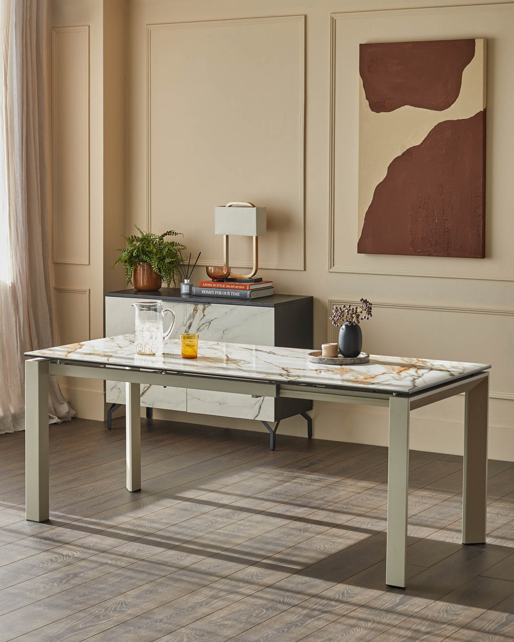 Table de salle à manger extensible Louis en céramique naturelle, 6 à 8 places