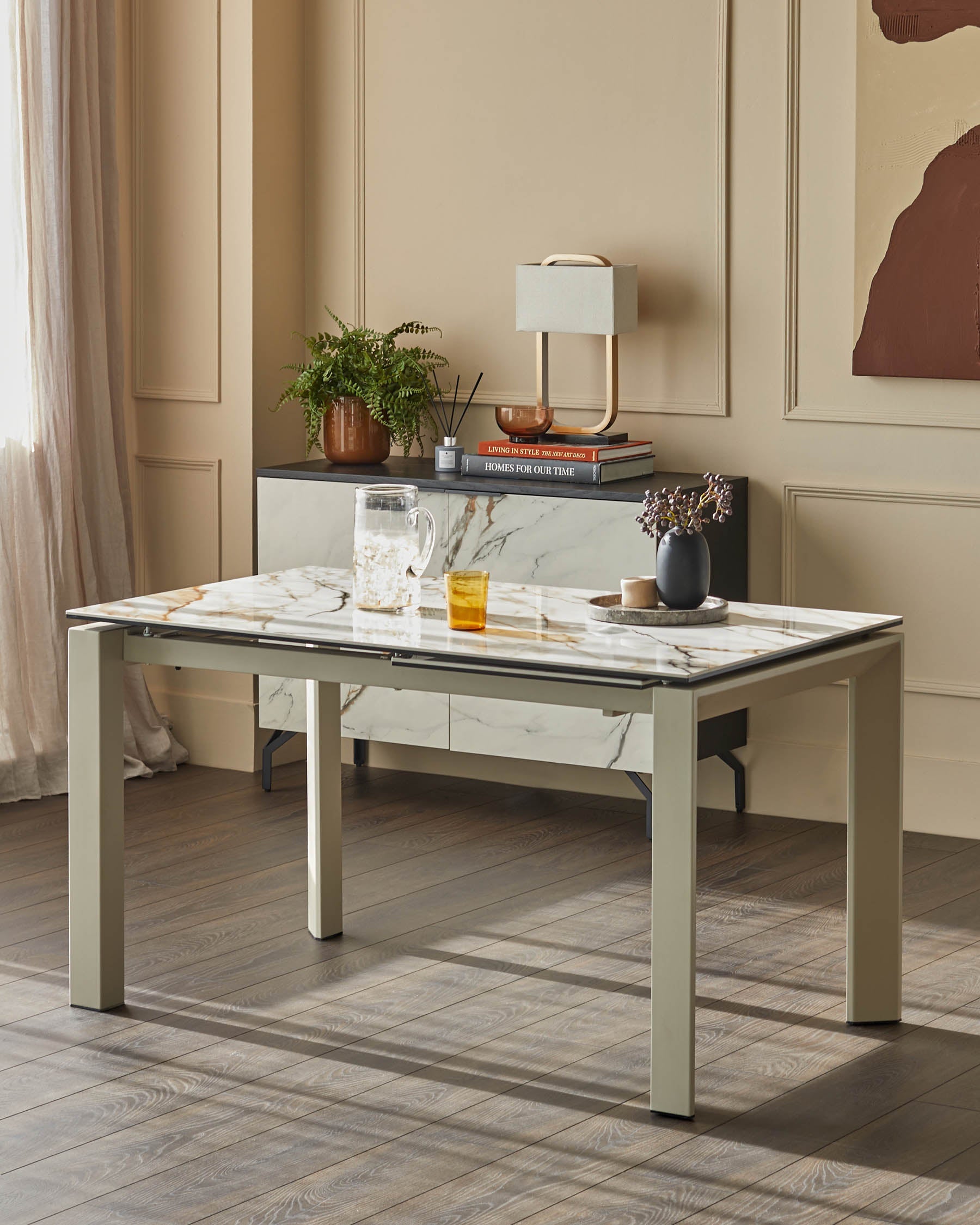 Table de salle à manger extensible Louis en céramique naturelle, 6 à 8 places