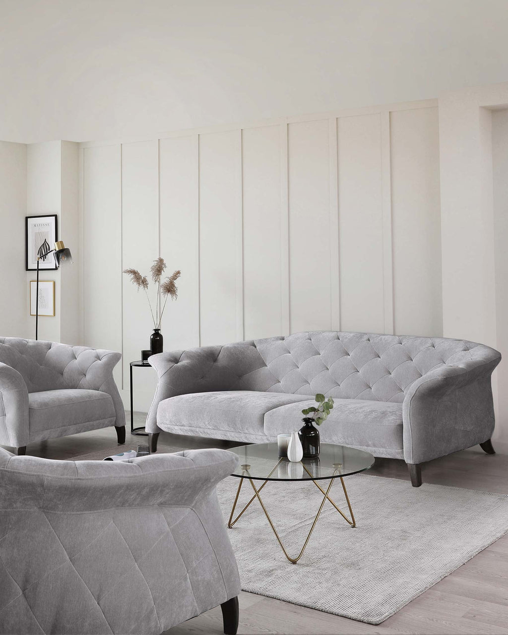 Canapé Chesterfield 3 places moderne et luxueux en tissu gris moyen