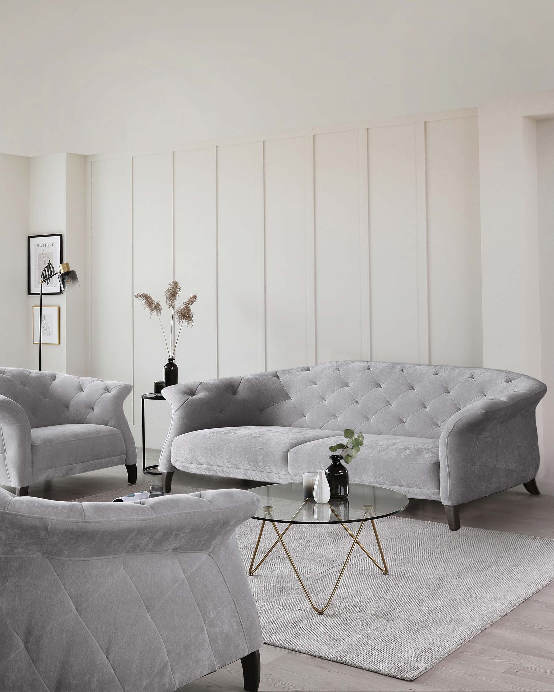 Canapé Chesterfield 3 places moderne et luxueux en tissu gris moyen