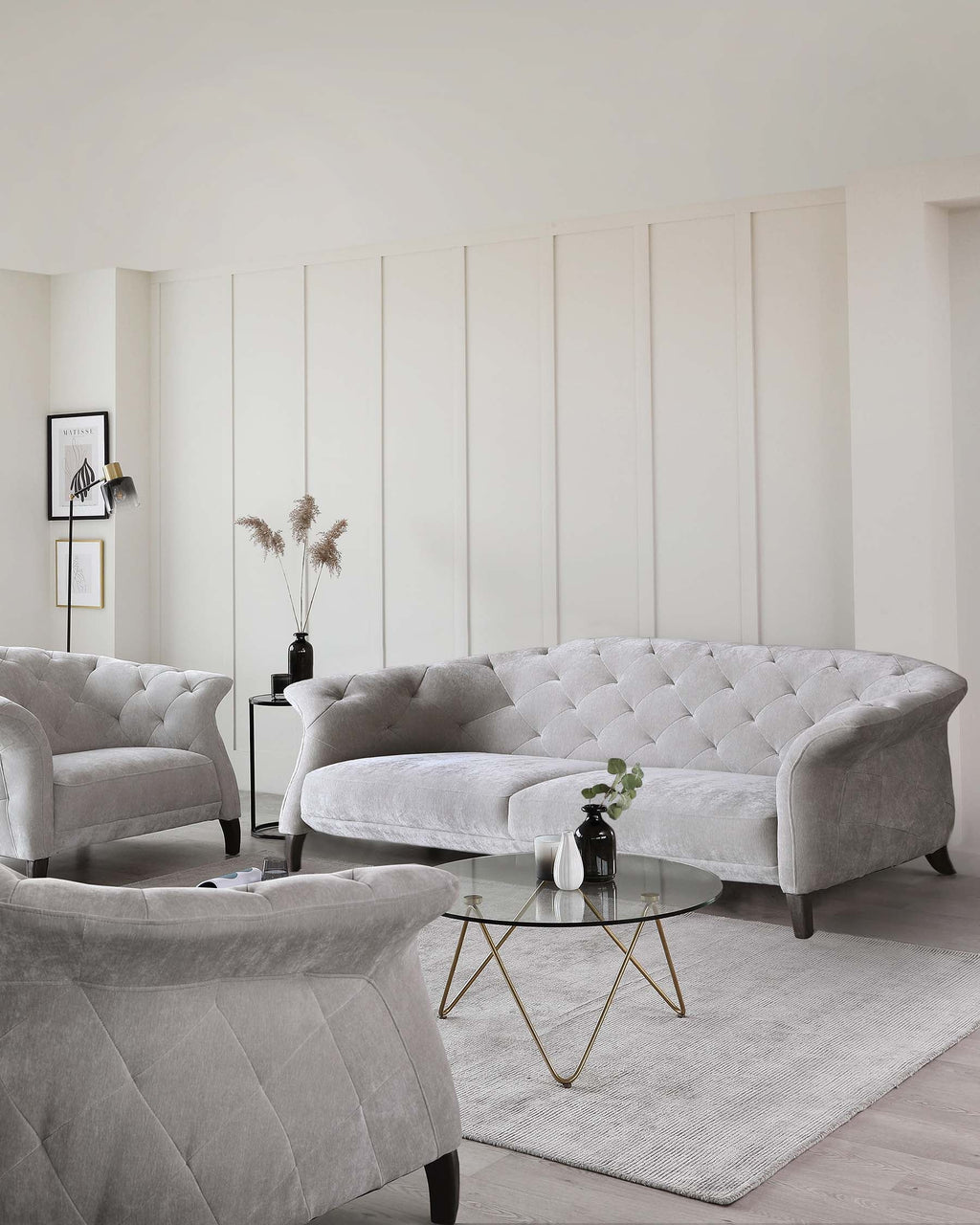 Canapé Chesterfield 3 places Luxe en tissu gris clair