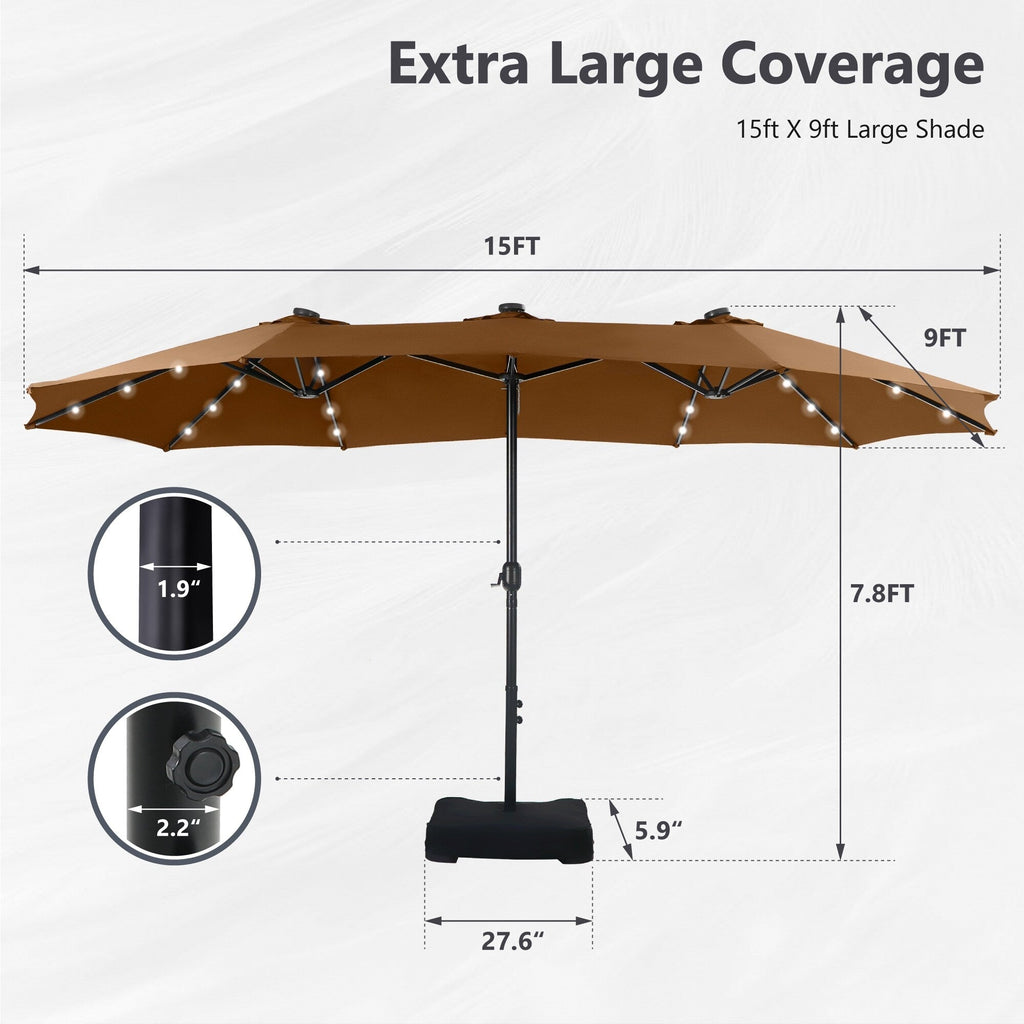 MAISON ARTS Parasol de marché extérieur rectangulaire à manivelle double face de 15 pieds Parasol de patio éclairé par LED solaire avec base incluse