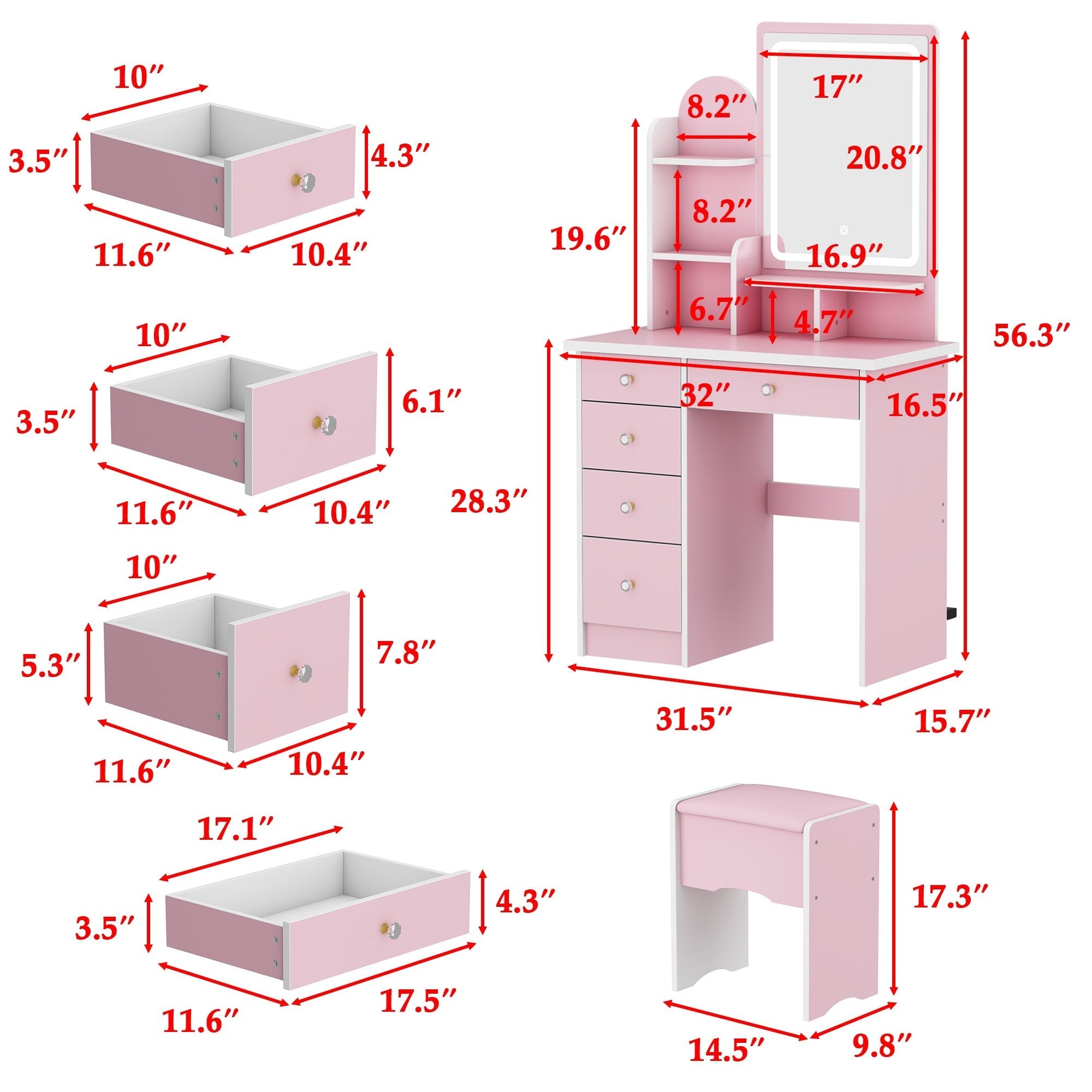 Coiffeuse avec éclairage LED, miroir et tabouret