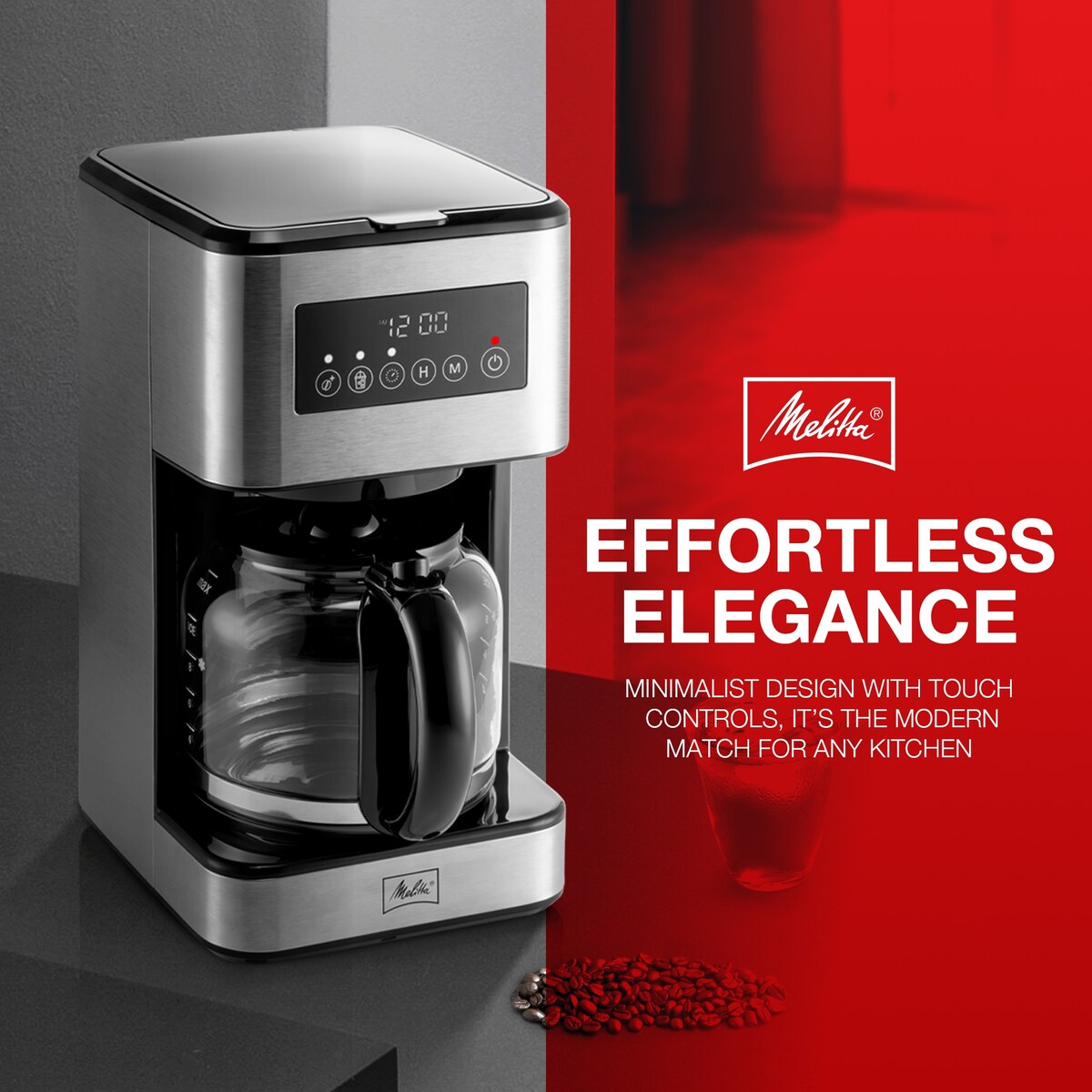 Cafetière filtre Melitta Aroma Tocco Plus 12 tasses, eau chaude et eau glacée, avec carafe en verre et écran tactile