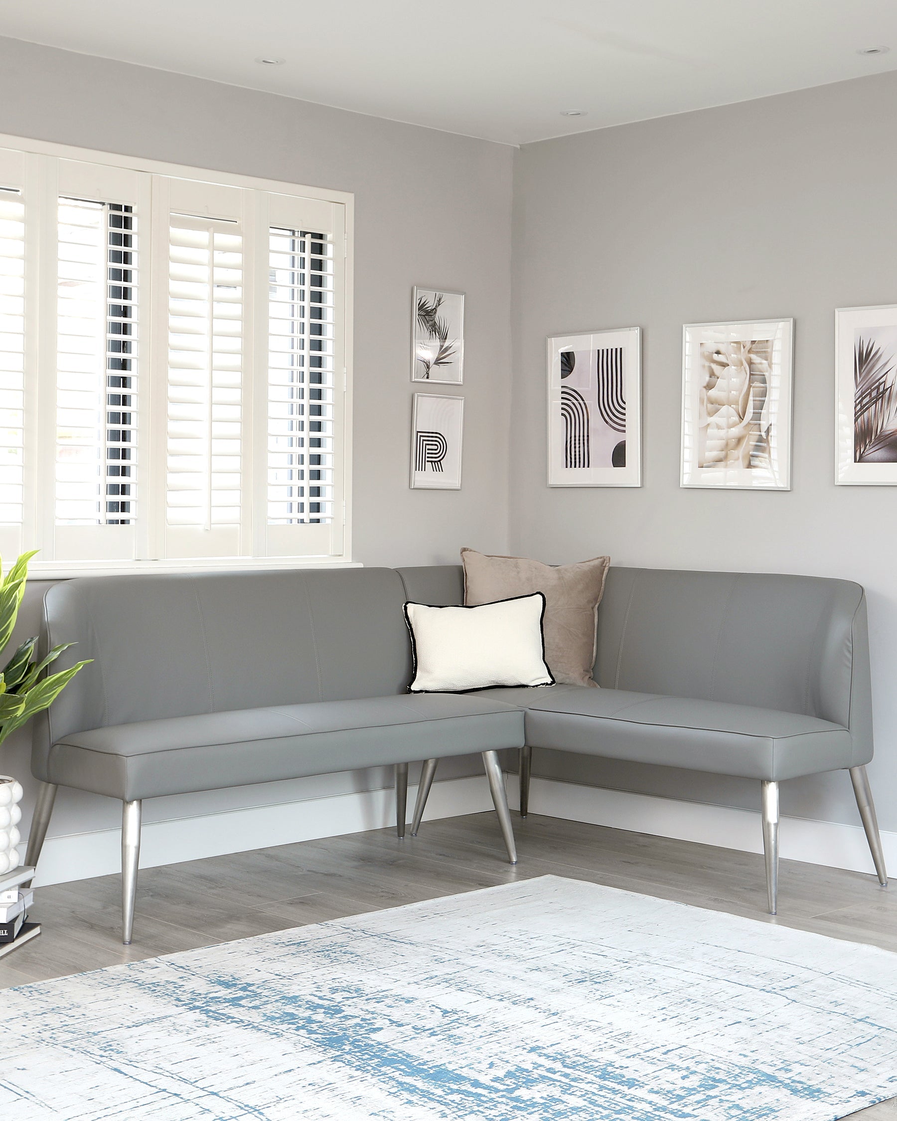 Banquette d'angle gauche 5 places Mellow en similicuir gris moyen et acier inoxydable