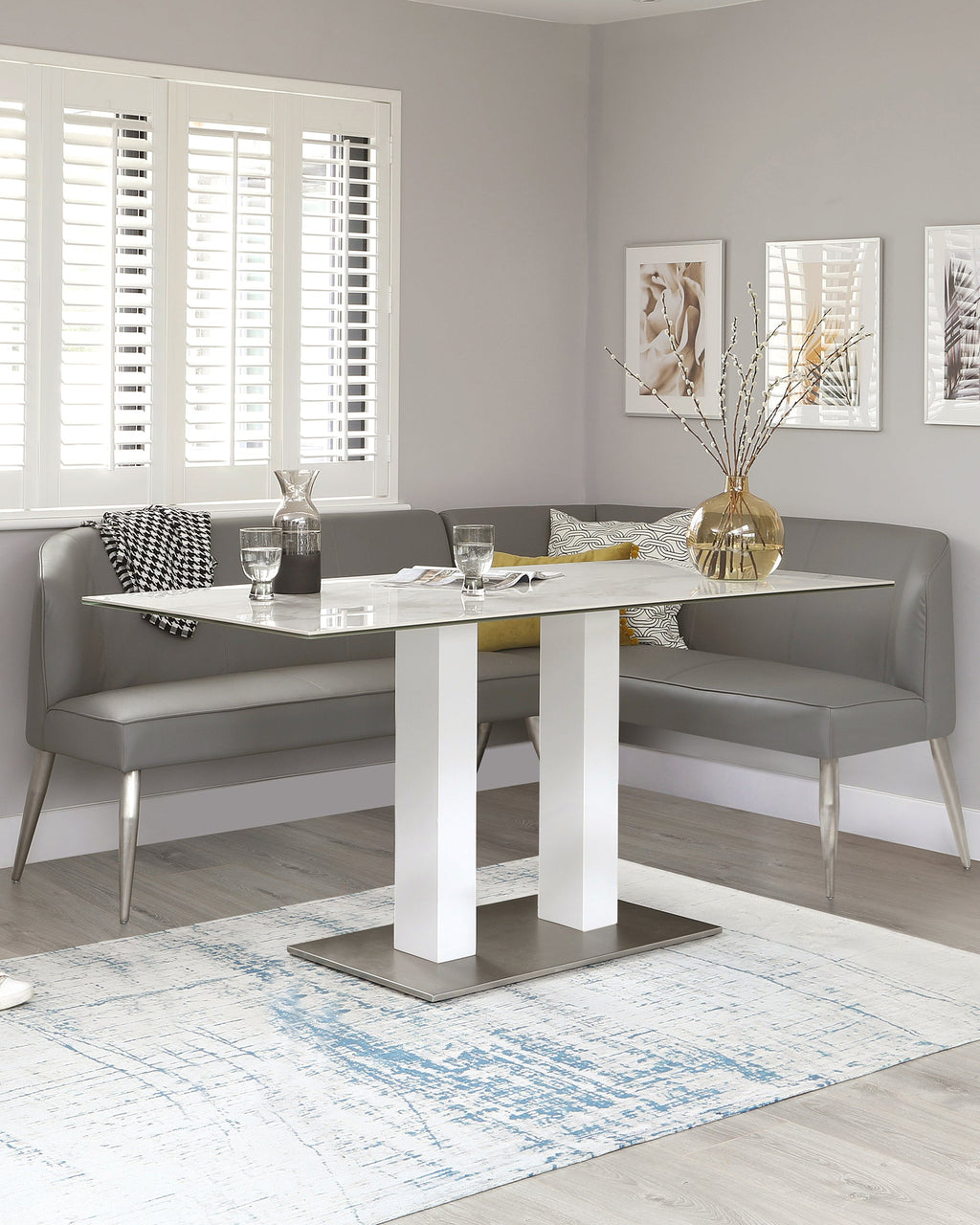 Banquette d'angle gauche 5 places Mellow en similicuir gris moyen et acier inoxydable