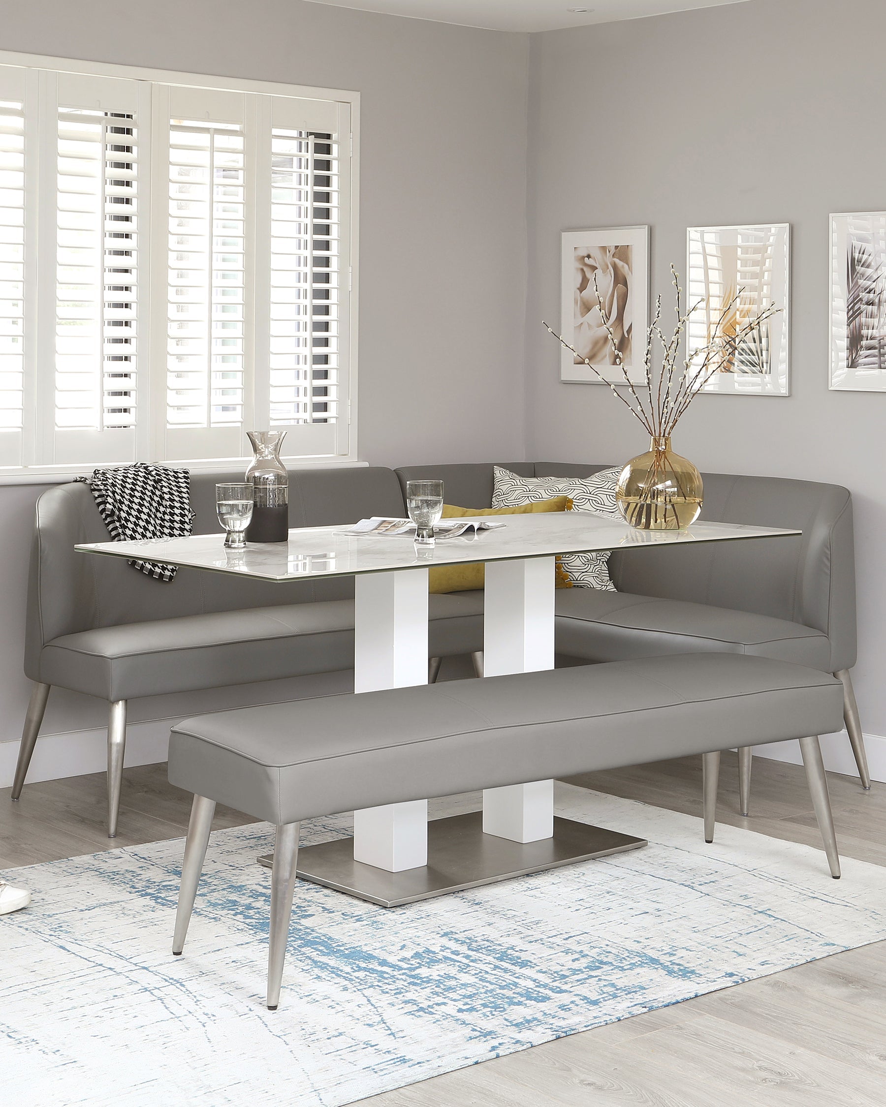 Banquette d'angle gauche 5 places Mellow en similicuir gris moyen et acier inoxydable