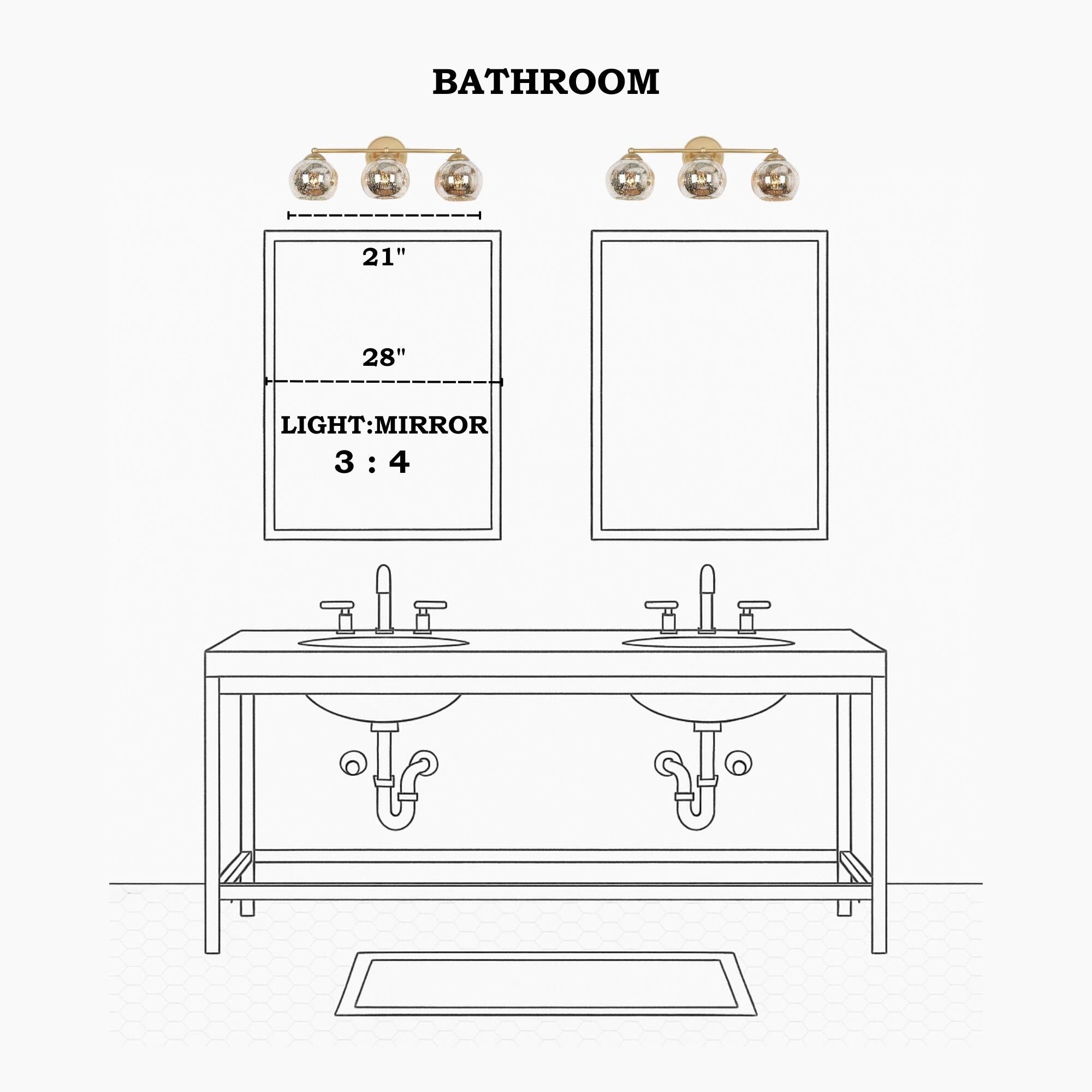 Applique murale à 3 lumières pour salle de bain, style glamour et moderne du milieu du siècle, avec verre au mercure - 21 L x 7 l x 8 H