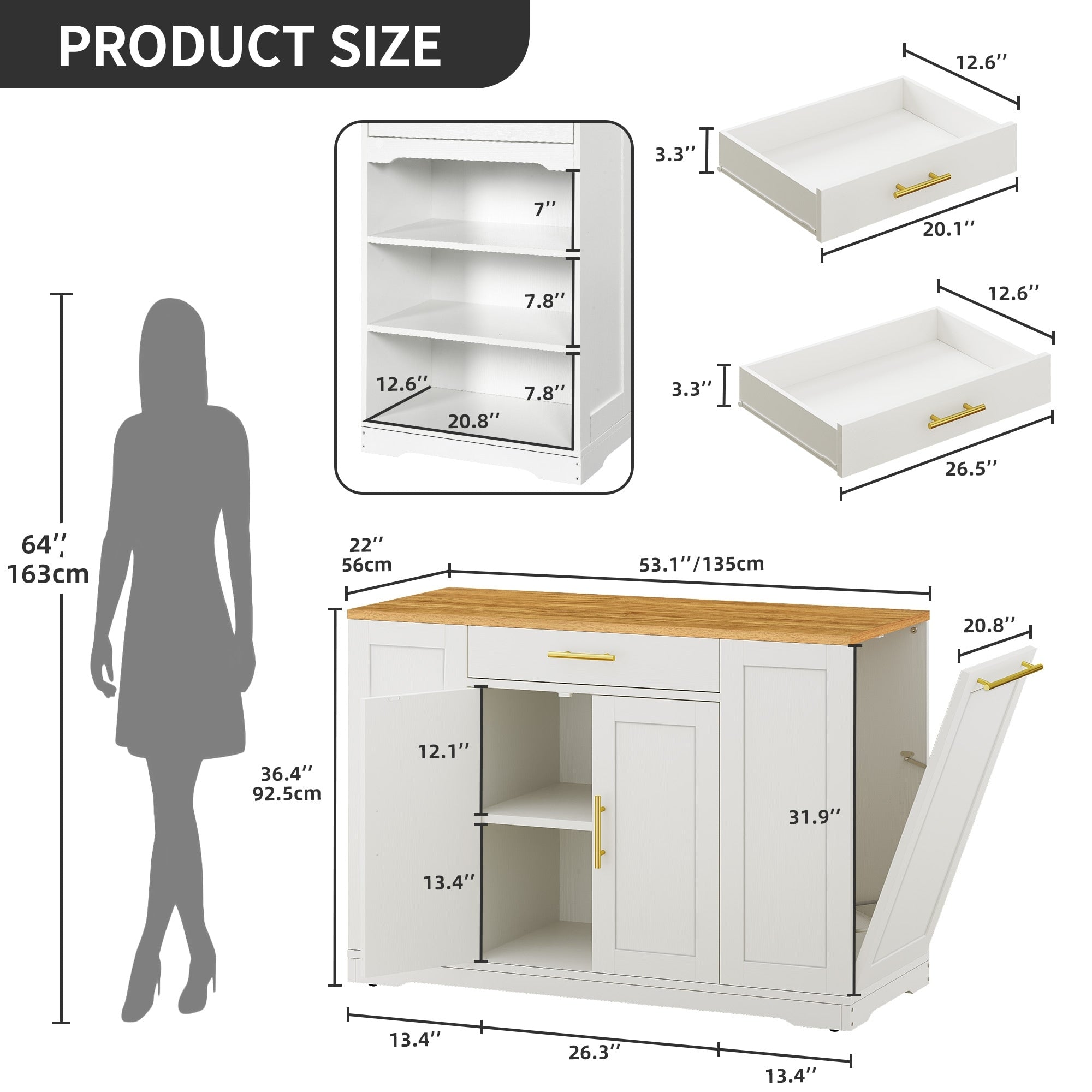 Meuble de rangement pour îlot de cuisine roulant Moasis de 53 pouces, chariot de cuisine mobile portable