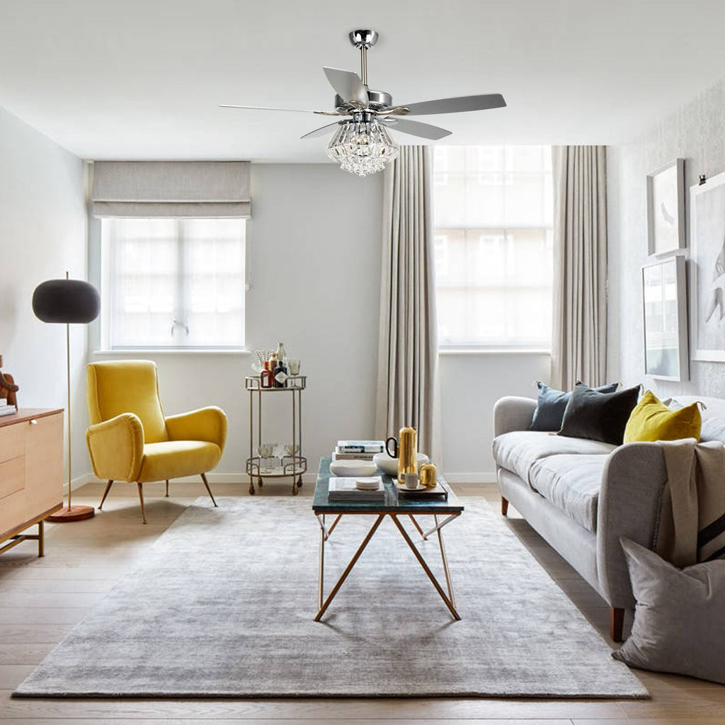 Ventilateur de plafond moderne en cristal chromé de 52 pouces avec télécommande