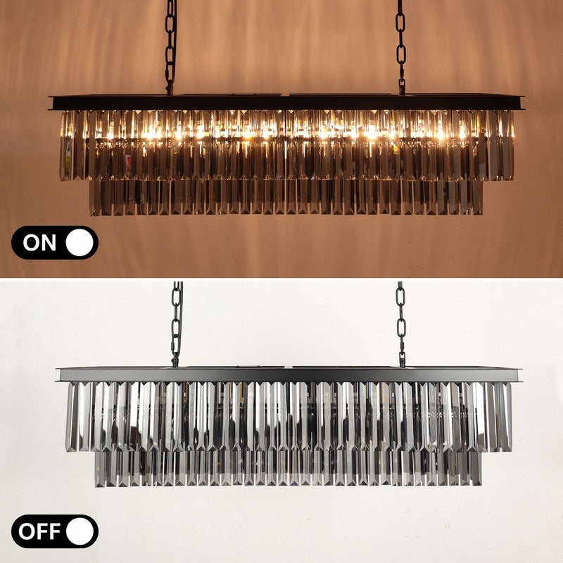 Lustre contemporain en cristal gris fumé et noir de 47 po, luminaire suspendu linéaire à deux niveaux pour îlot de cuisine et salle à manger