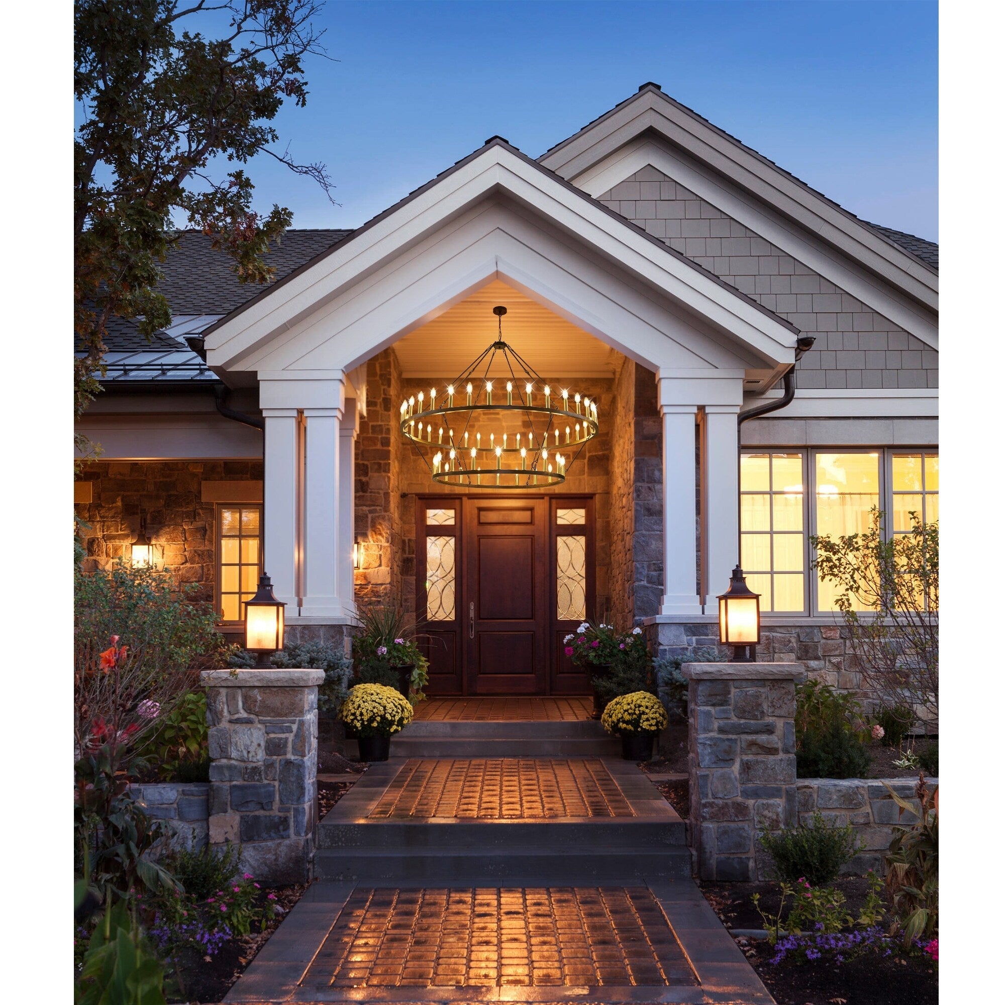 Lustre de ferme moderne à 2 niveaux, lustre rond en forme de roue de chariot, grand plafonnier haut.