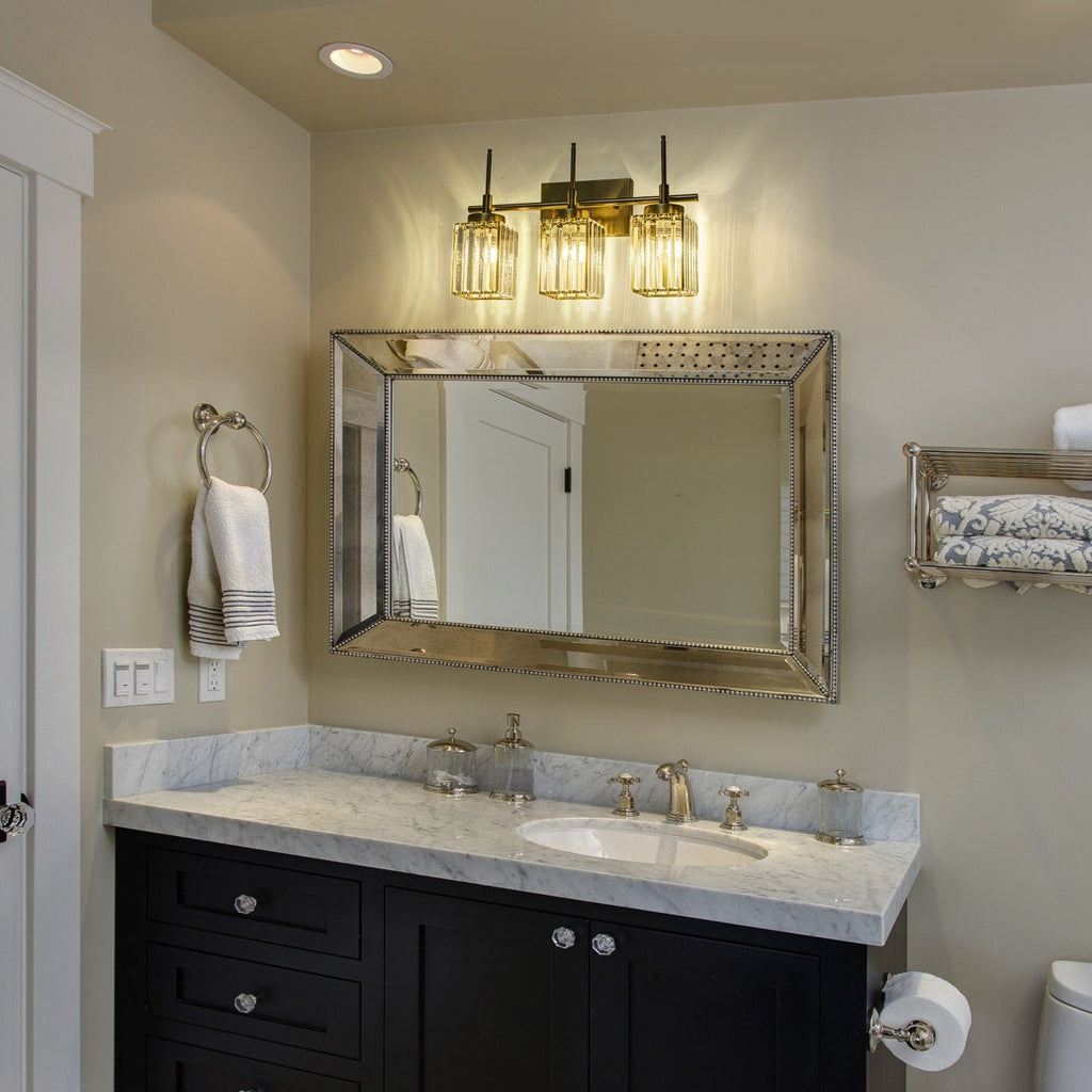 Applique murale moderne dorée à intensité variable, style cylindre glamour pour salle de bain, en cristal, pour meuble-lavabo