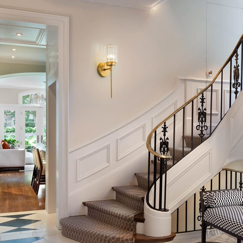 Applique murale moderne dorée à intensité variable, style cylindre glamour pour salle de bain, en cristal, pour meuble-lavabo