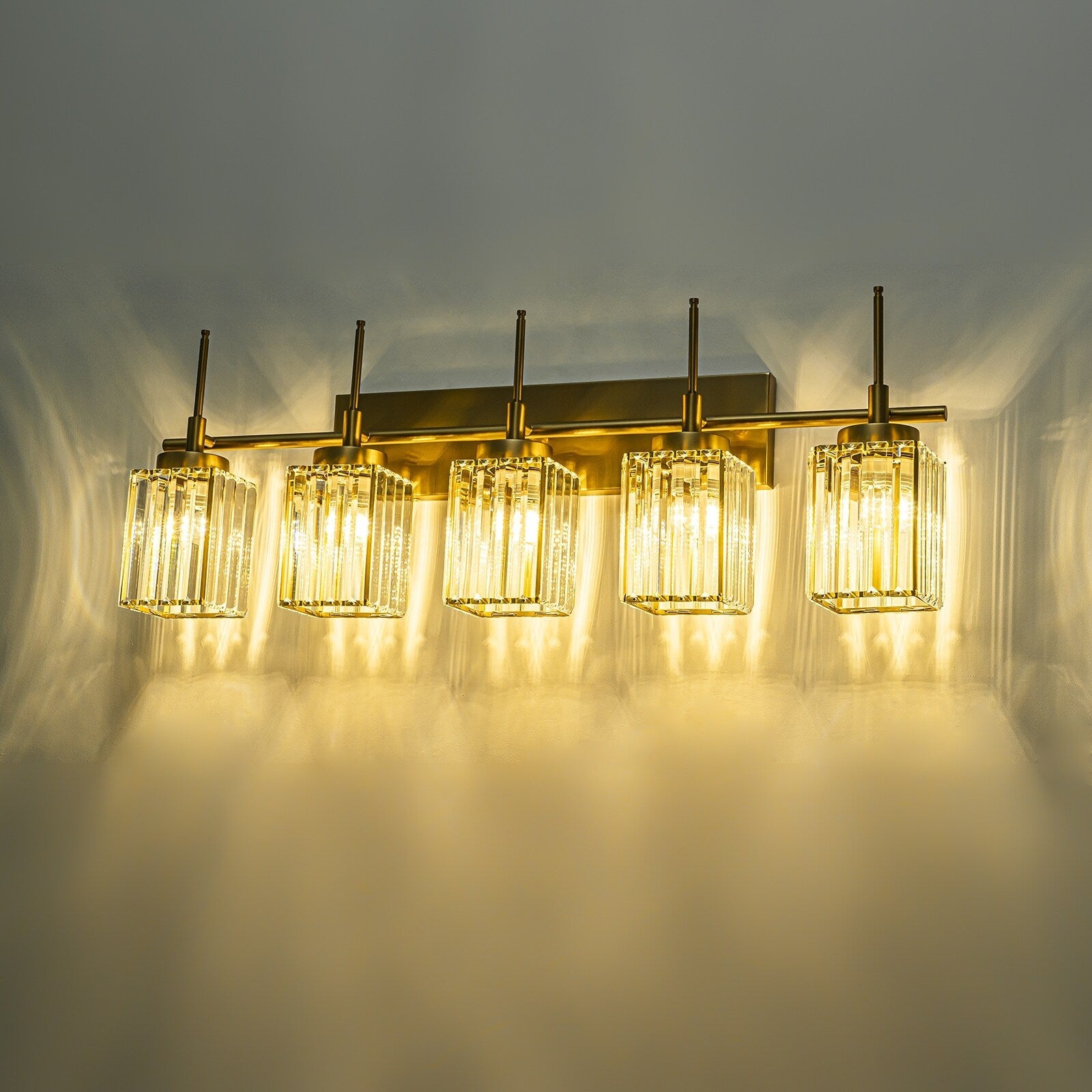 Applique murale moderne dorée à intensité variable, style cylindre glamour pour salle de bain, en cristal, pour meuble-lavabo