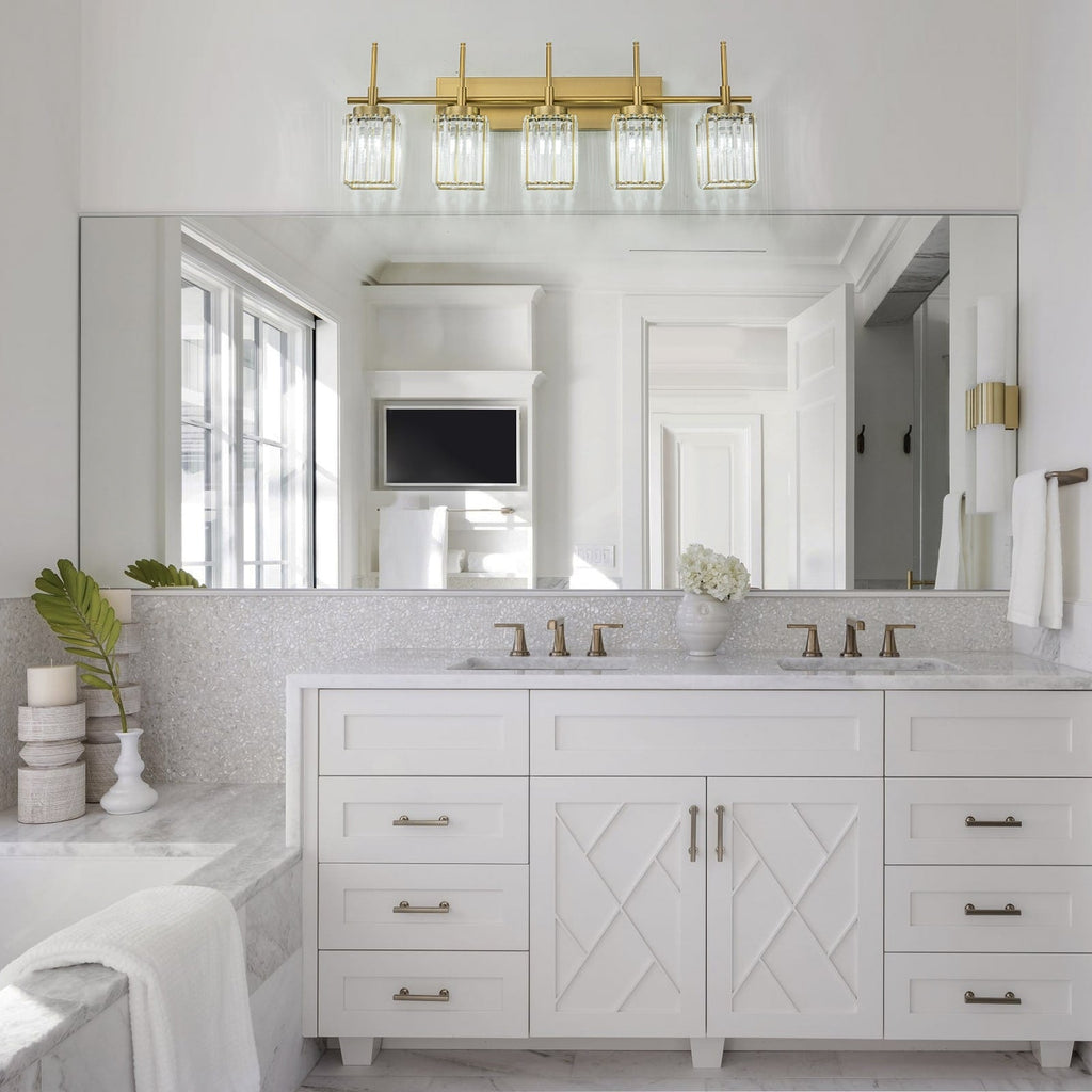 Applique murale moderne dorée à intensité variable, style cylindre glamour pour salle de bain, en cristal, pour meuble-lavabo