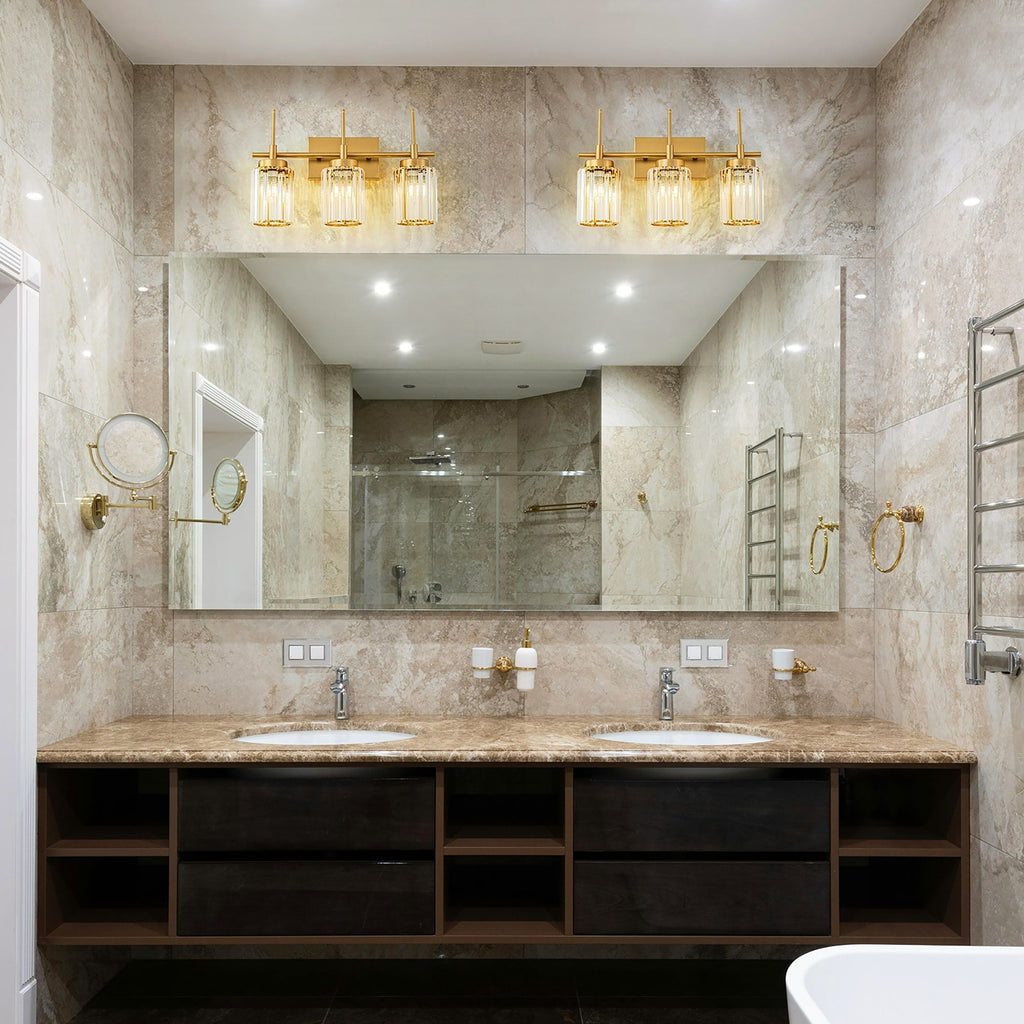 Applique murale moderne dorée à intensité variable, style cylindre glamour pour salle de bain, en cristal, pour meuble-lavabo