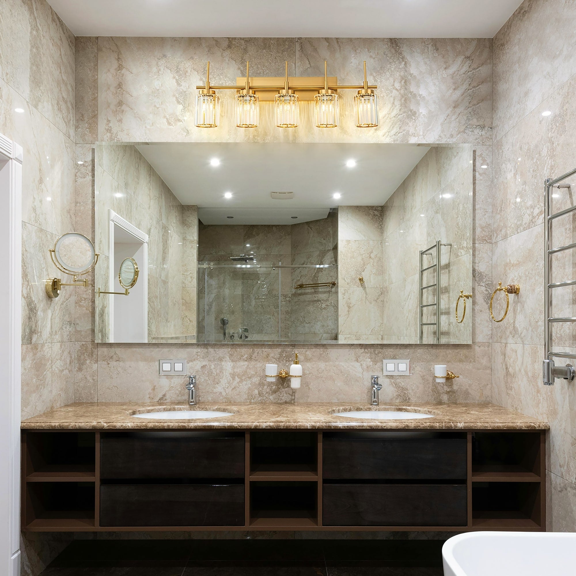 Applique murale moderne dorée à intensité variable, style cylindre glamour pour salle de bain, en cristal, pour meuble-lavabo