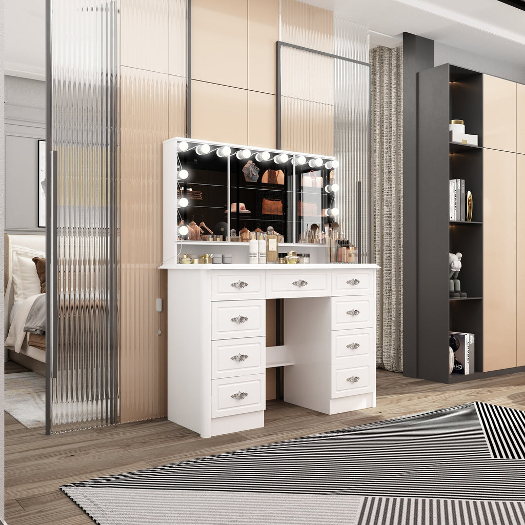 Miroir de maquillage pliable blanc moderne avec éclairage réglable - 40,2 x 54,1