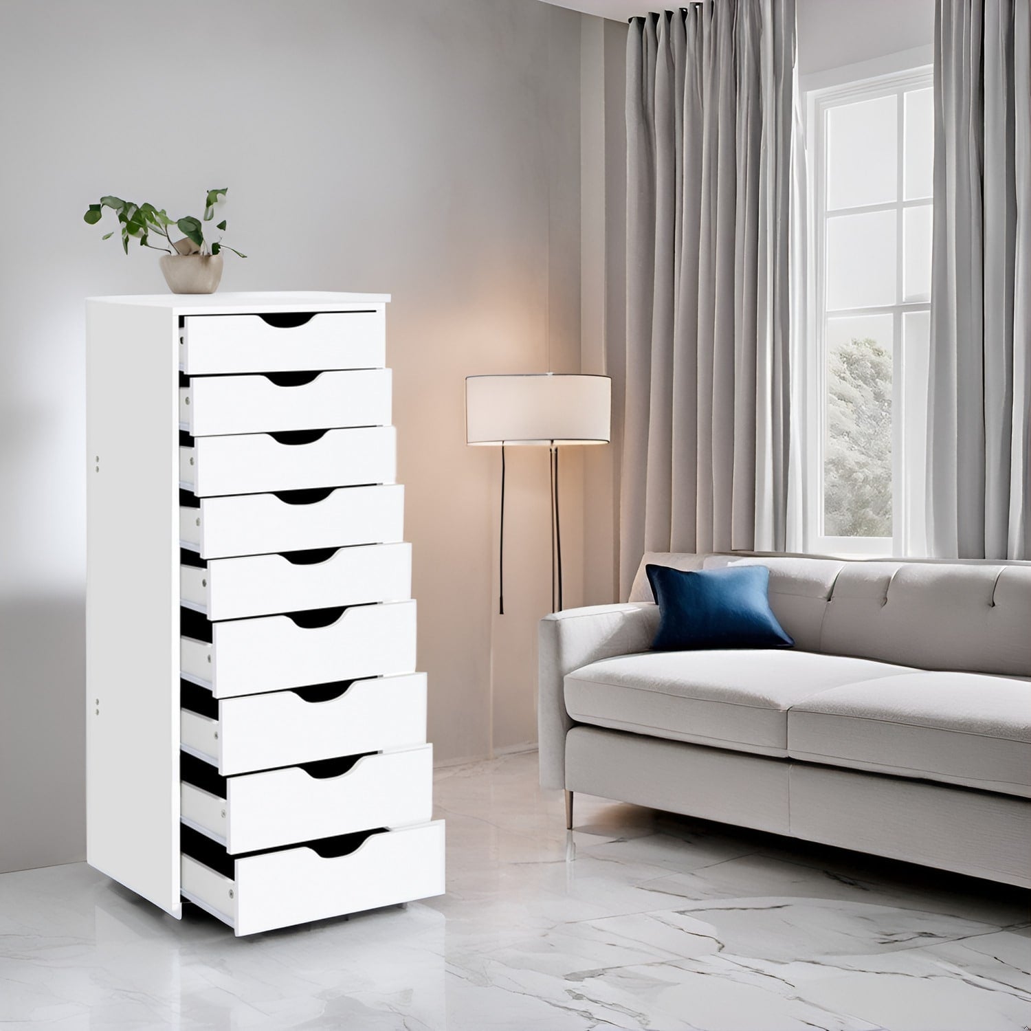 Armoire étroite en bois à 9 tiroirs avec tiroirs coulissants en douceur et étagère de rangement supérieure