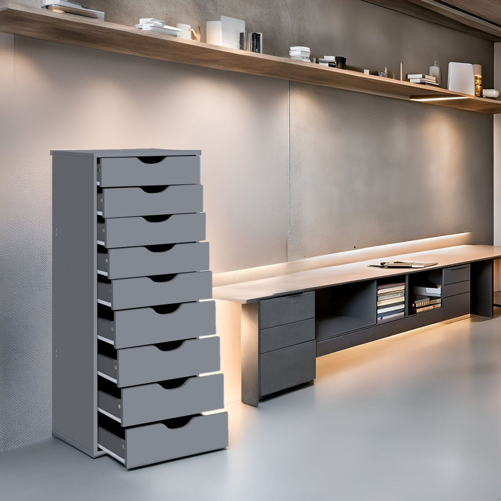 Armoire étroite en bois à 9 tiroirs avec tiroirs coulissants en douceur et étagère de rangement supérieure