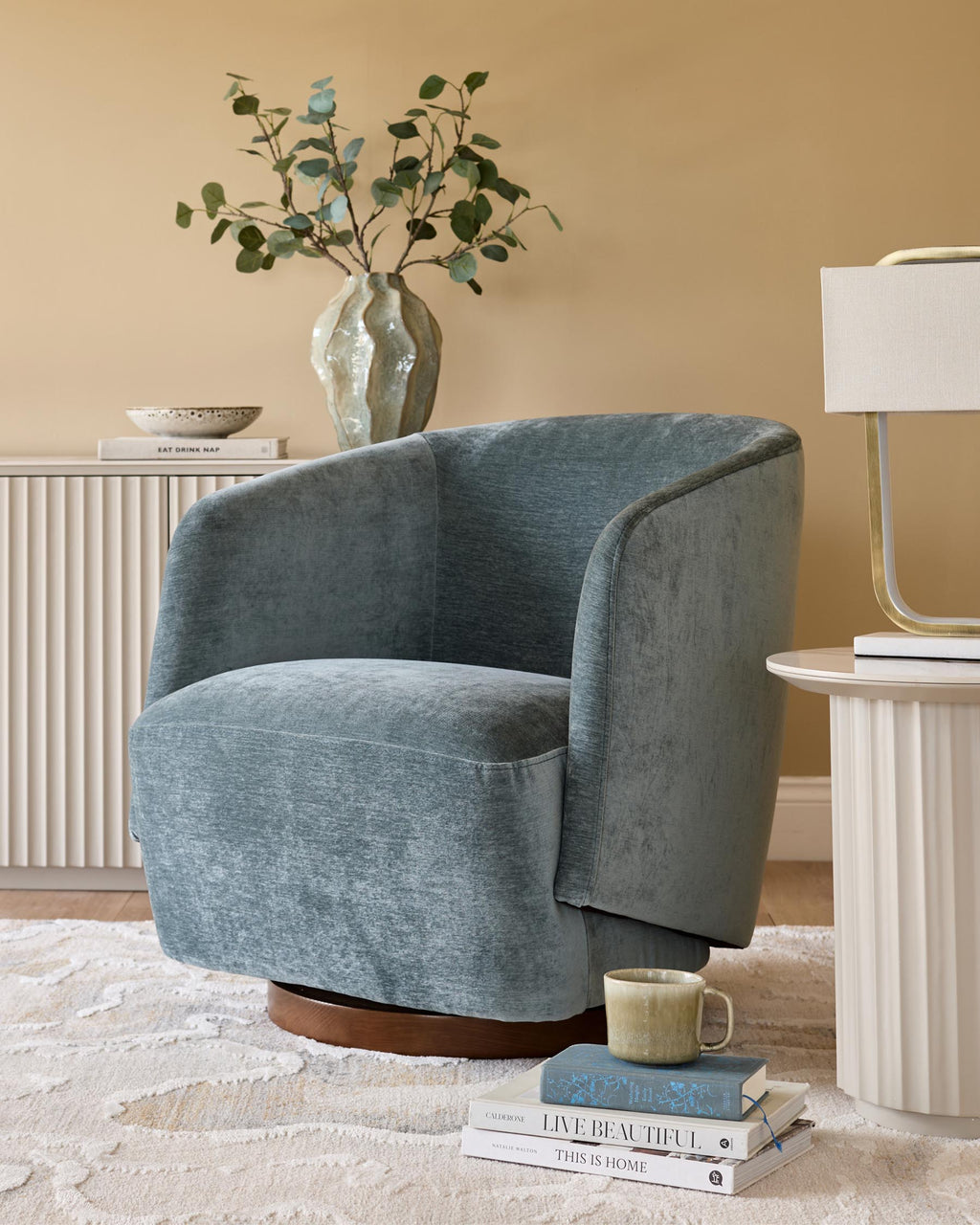 Fauteuil pivotant Natalia en chenille bleu-gris