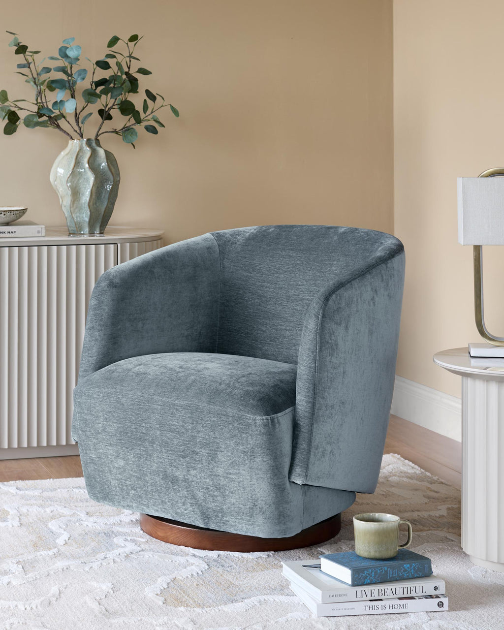 Fauteuil pivotant Natalia en chenille bleu-gris