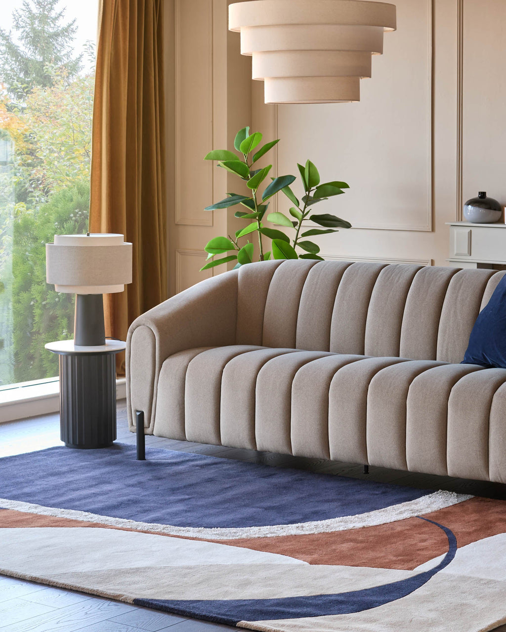 Lampe de table Leonie en lin naturel et moka et bois foncé