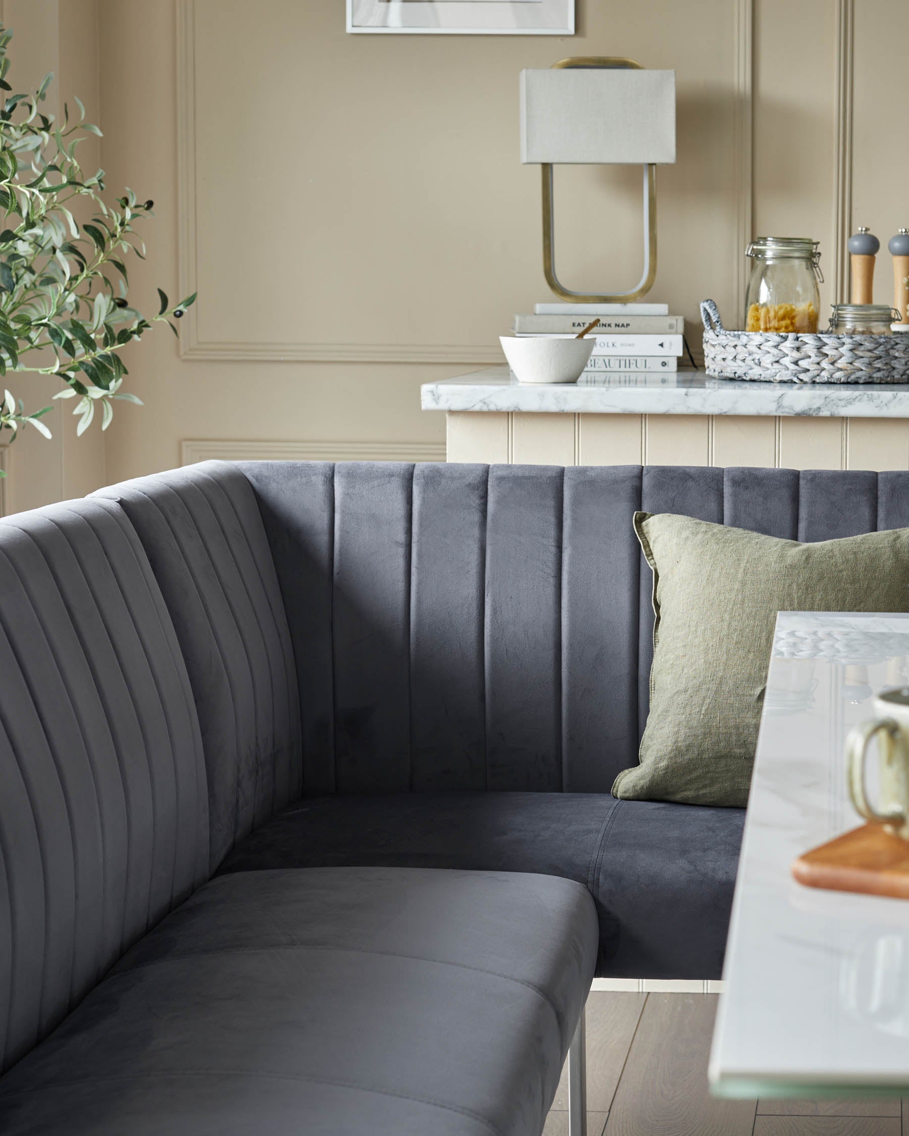 Banc de salle à manger d'angle gauche 5 places Ophelia en velours gris foncé