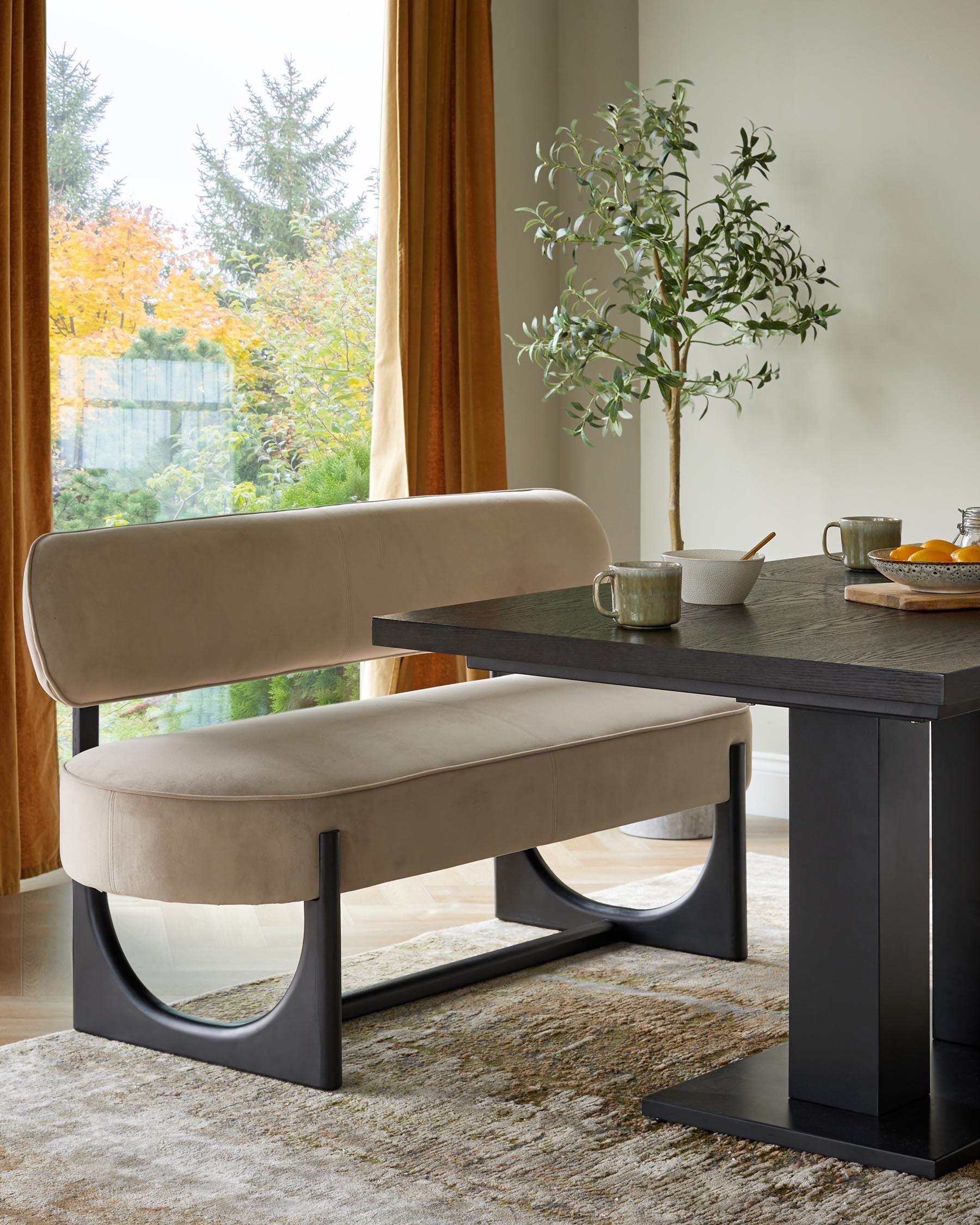 Banquette de salle à manger 3 places en velours champagne Orlan avec dossier