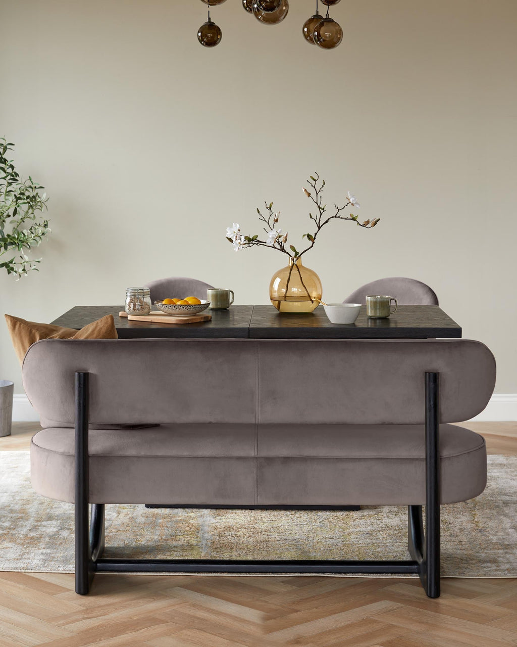 Banquette de salle à manger 3 places en velours moka Orlan avec dossier