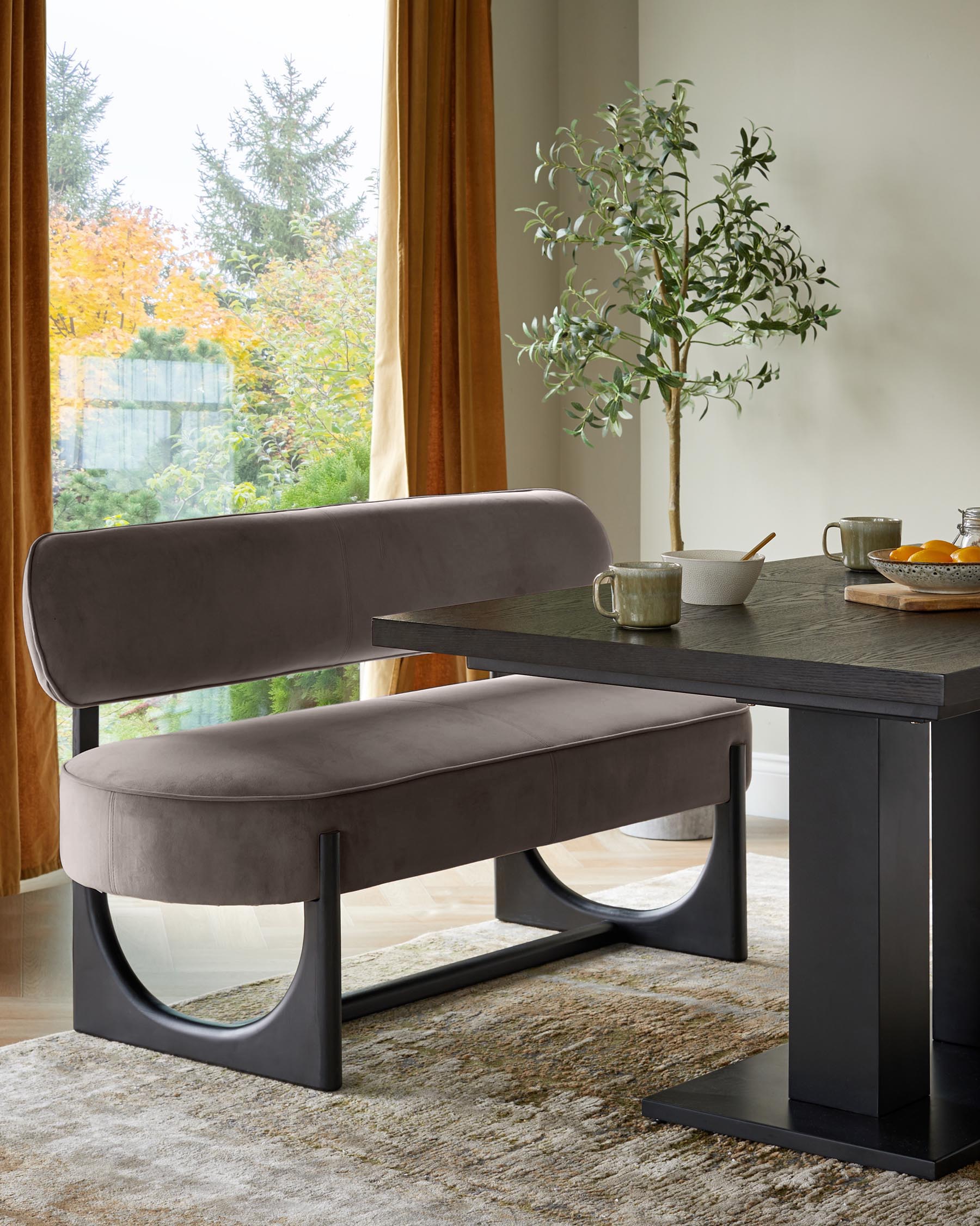 Banquette de salle à manger 3 places en velours moka Orlan avec dossier