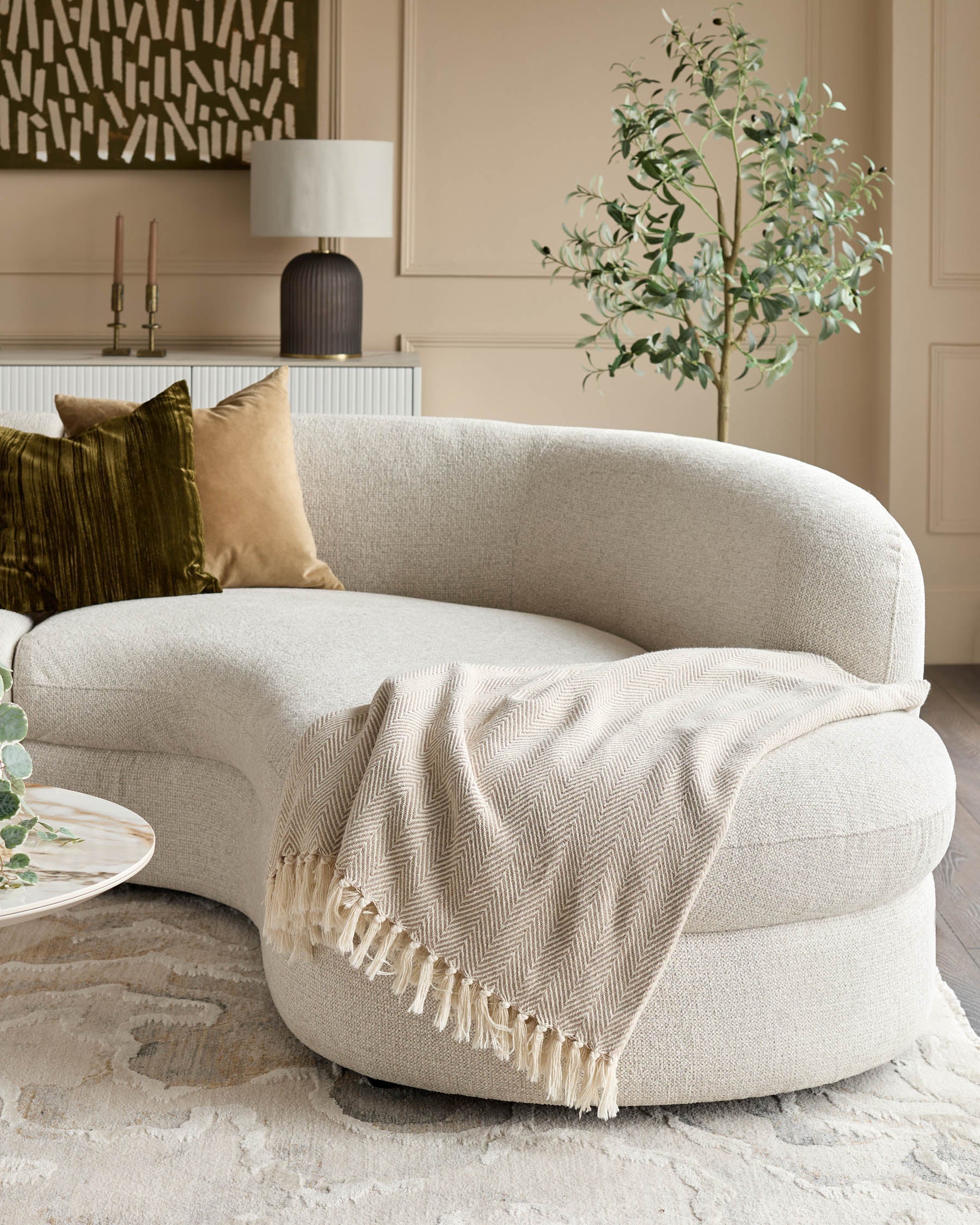 Canapé d'angle droit Ottilie en tissu naturel