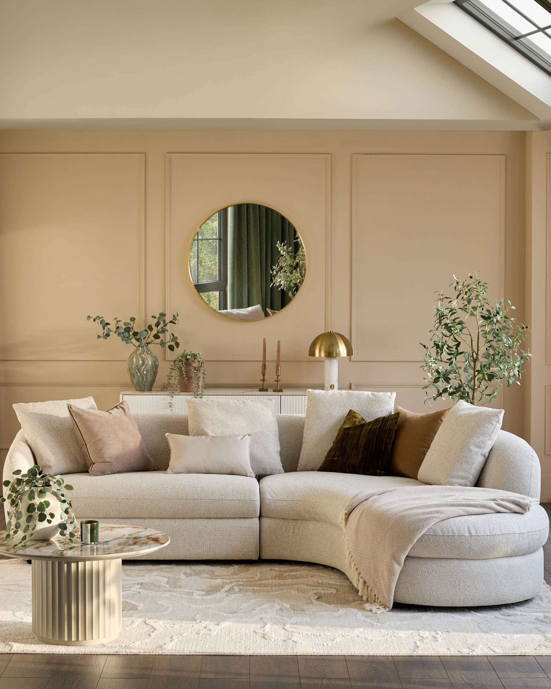 Canapé d'angle droit Ottilie en tissu naturel