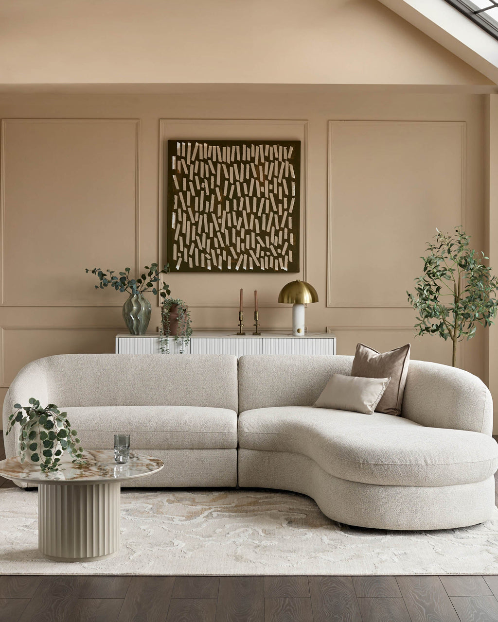 Canapé d'angle droit Ottilie en tissu naturel