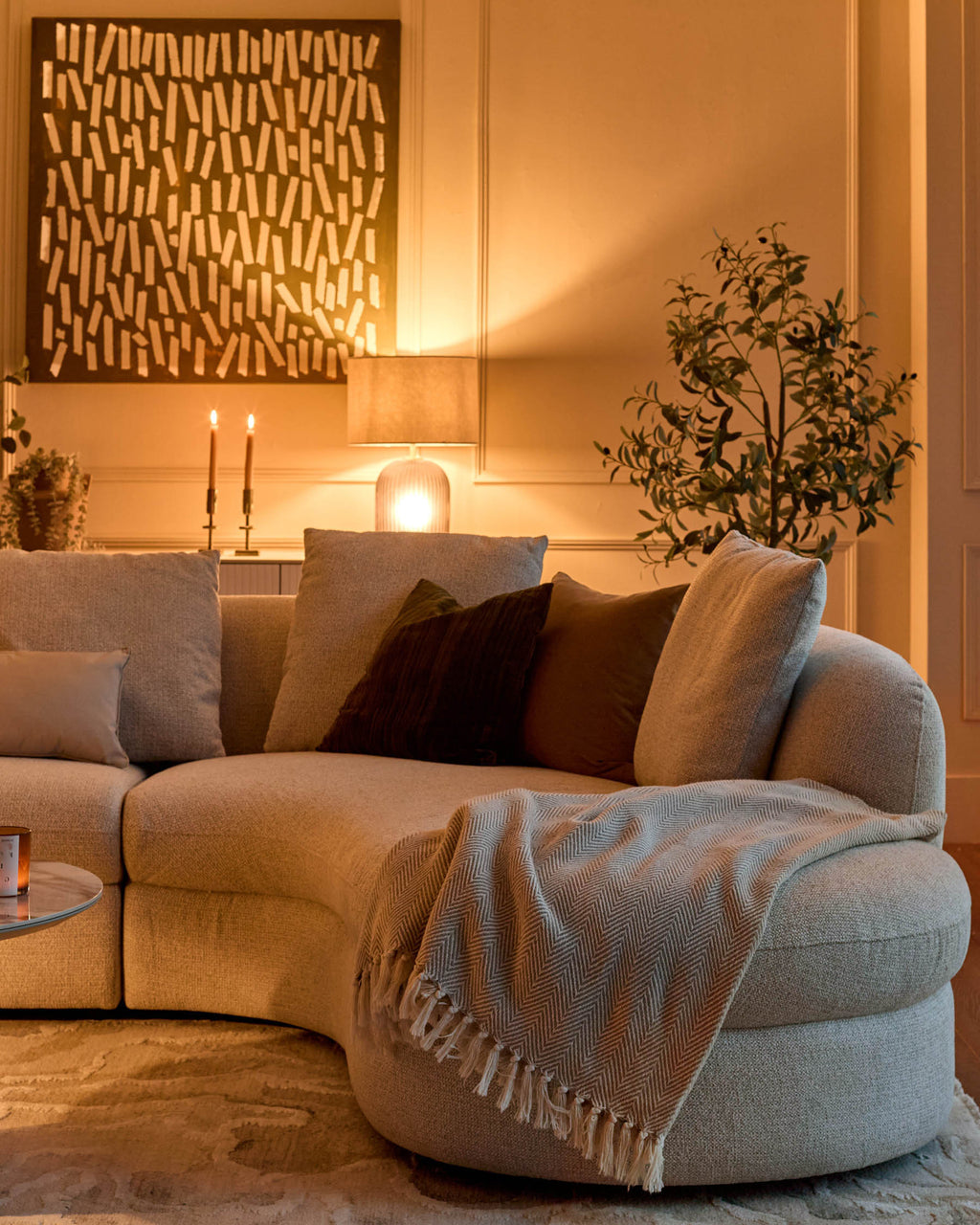 Canapé d'angle droit Ottilie en tissu naturel